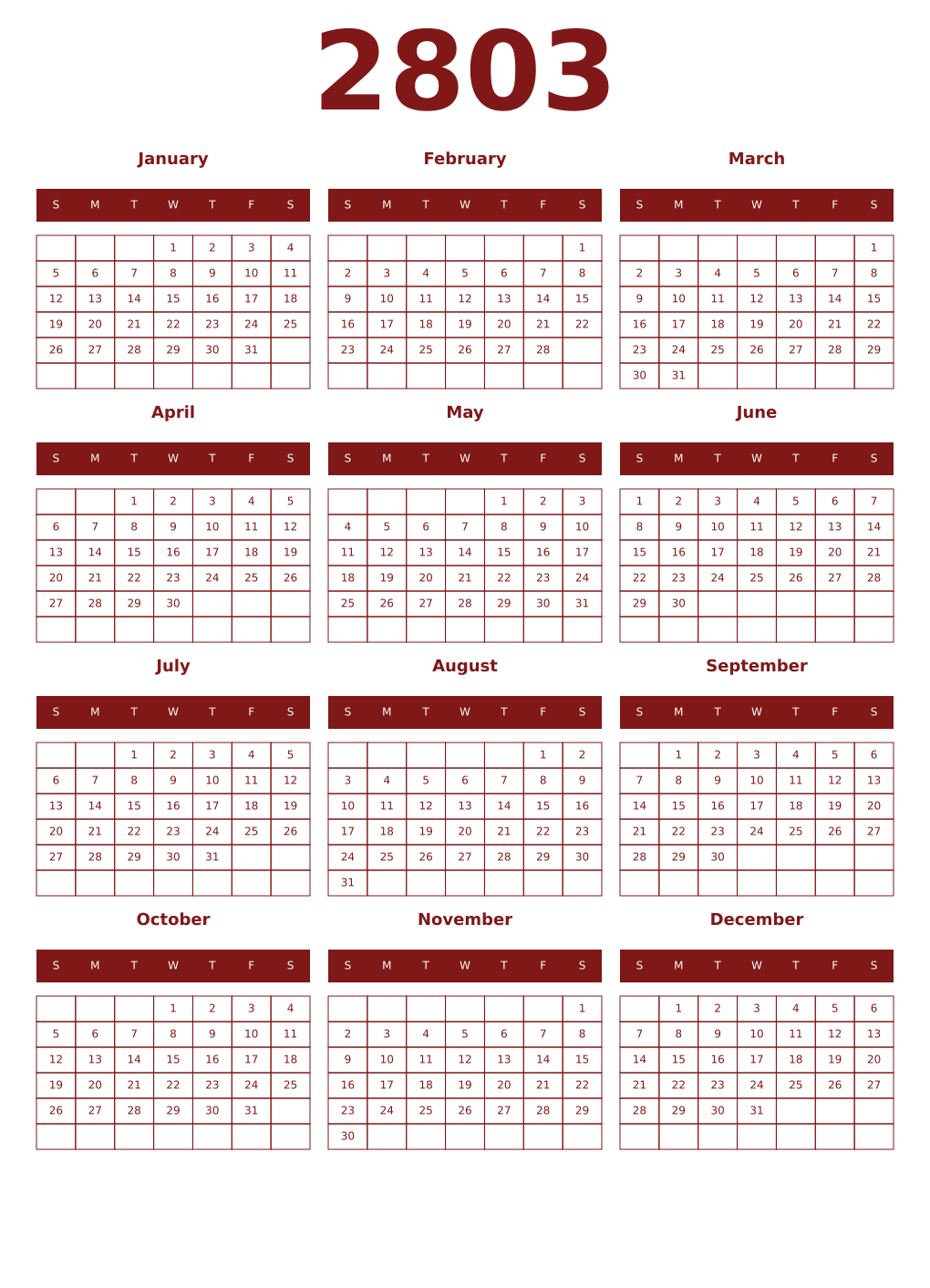 Printable 2803 Year Calendars falu