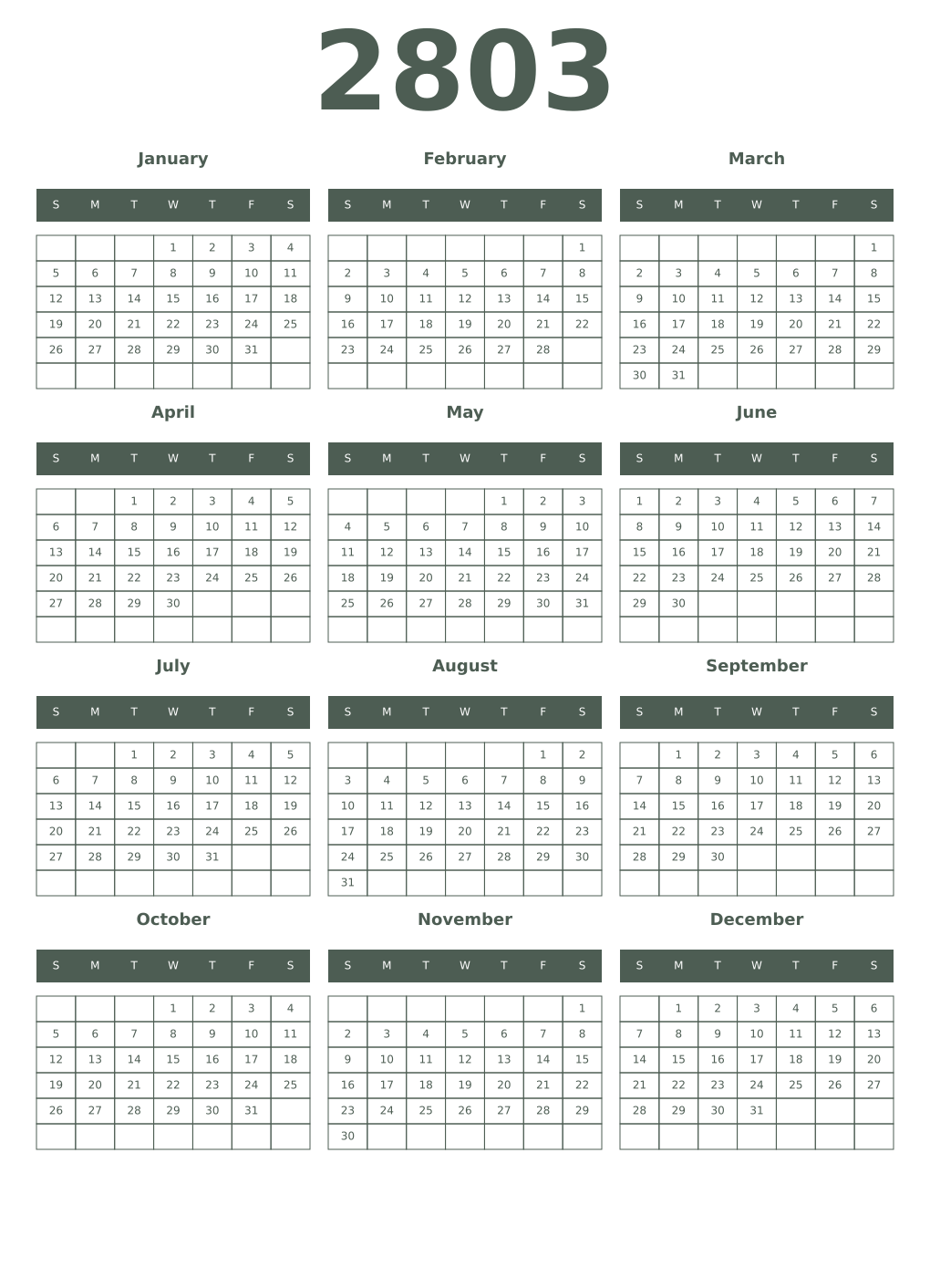 Printable 2803 Year Calendars feldgrau