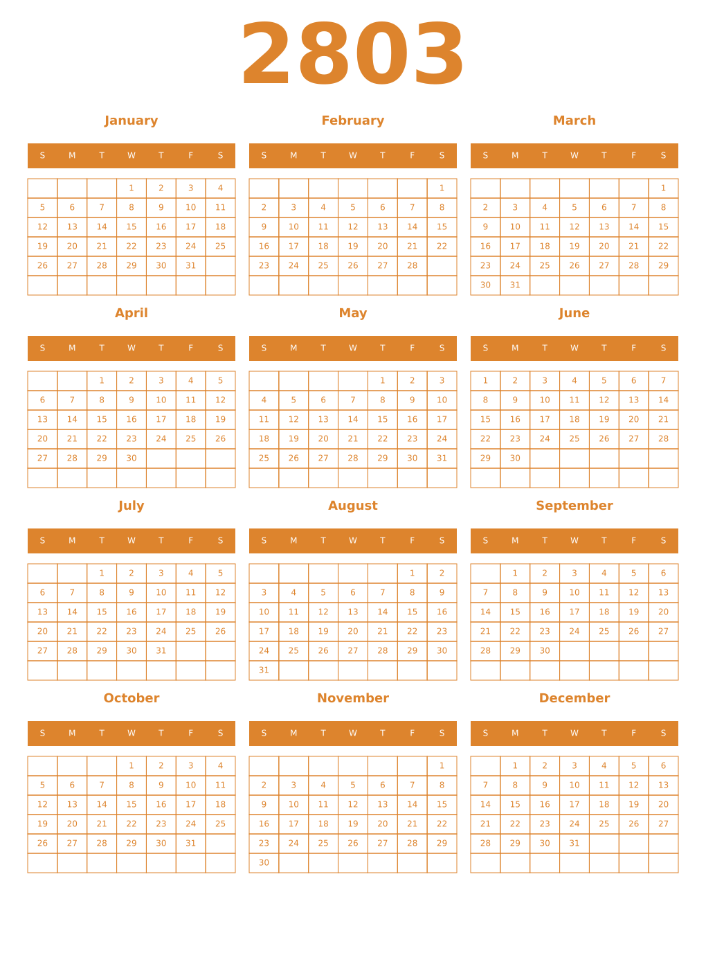 Printable 2803 Year Calendars orange