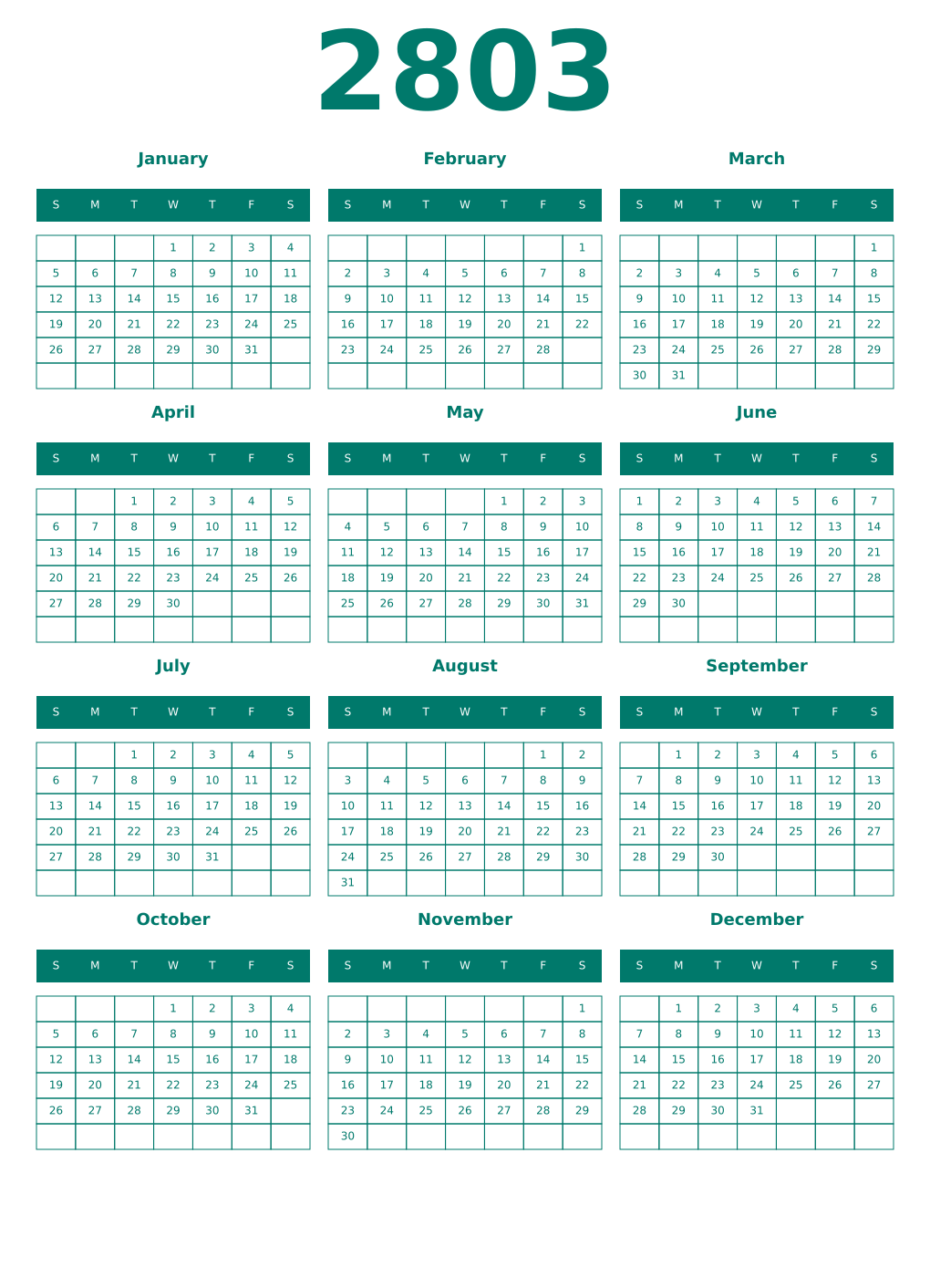 Printable 2803 Year Calendars pastel