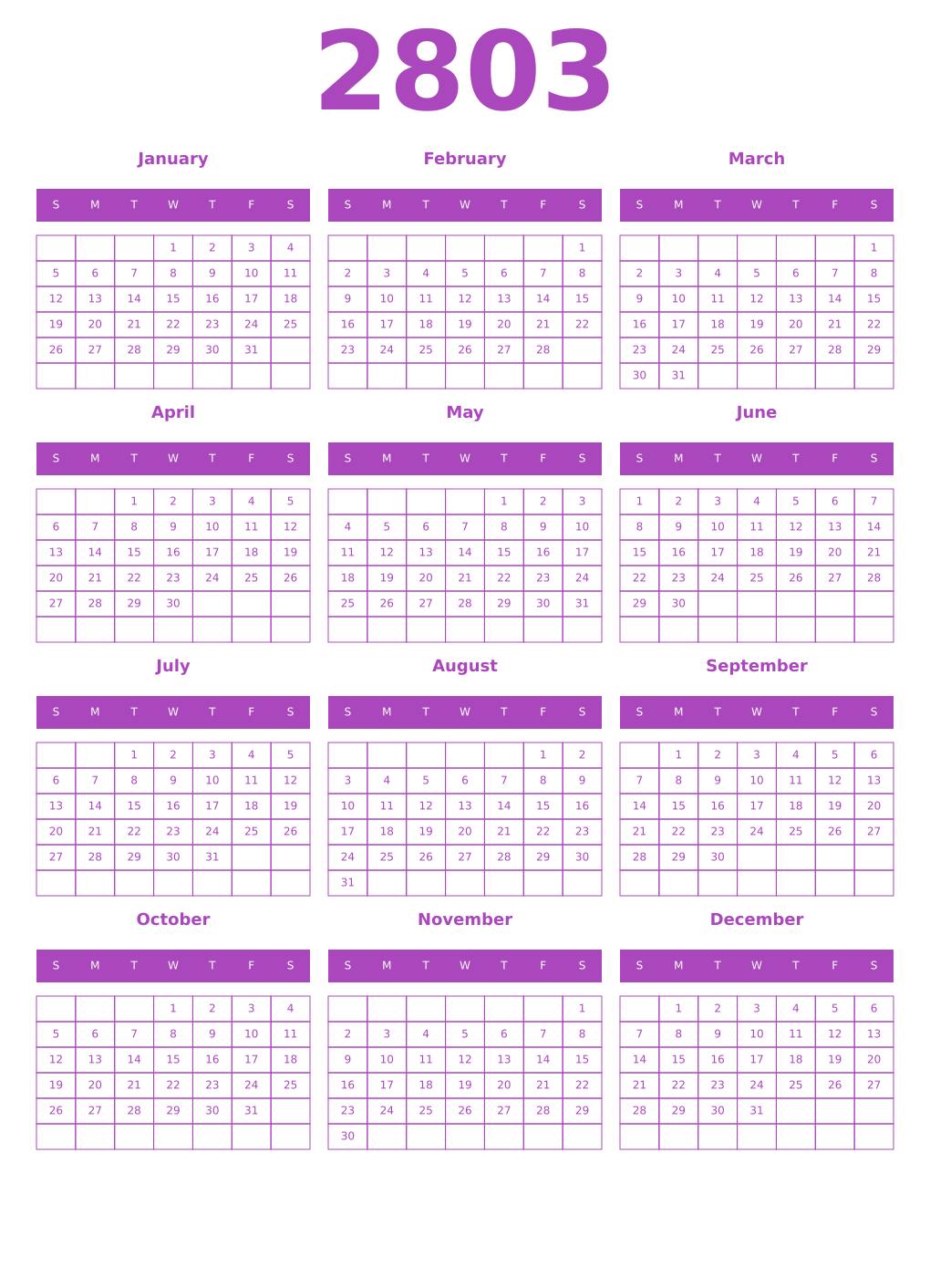 Printable 2803 Year Calendars purple
