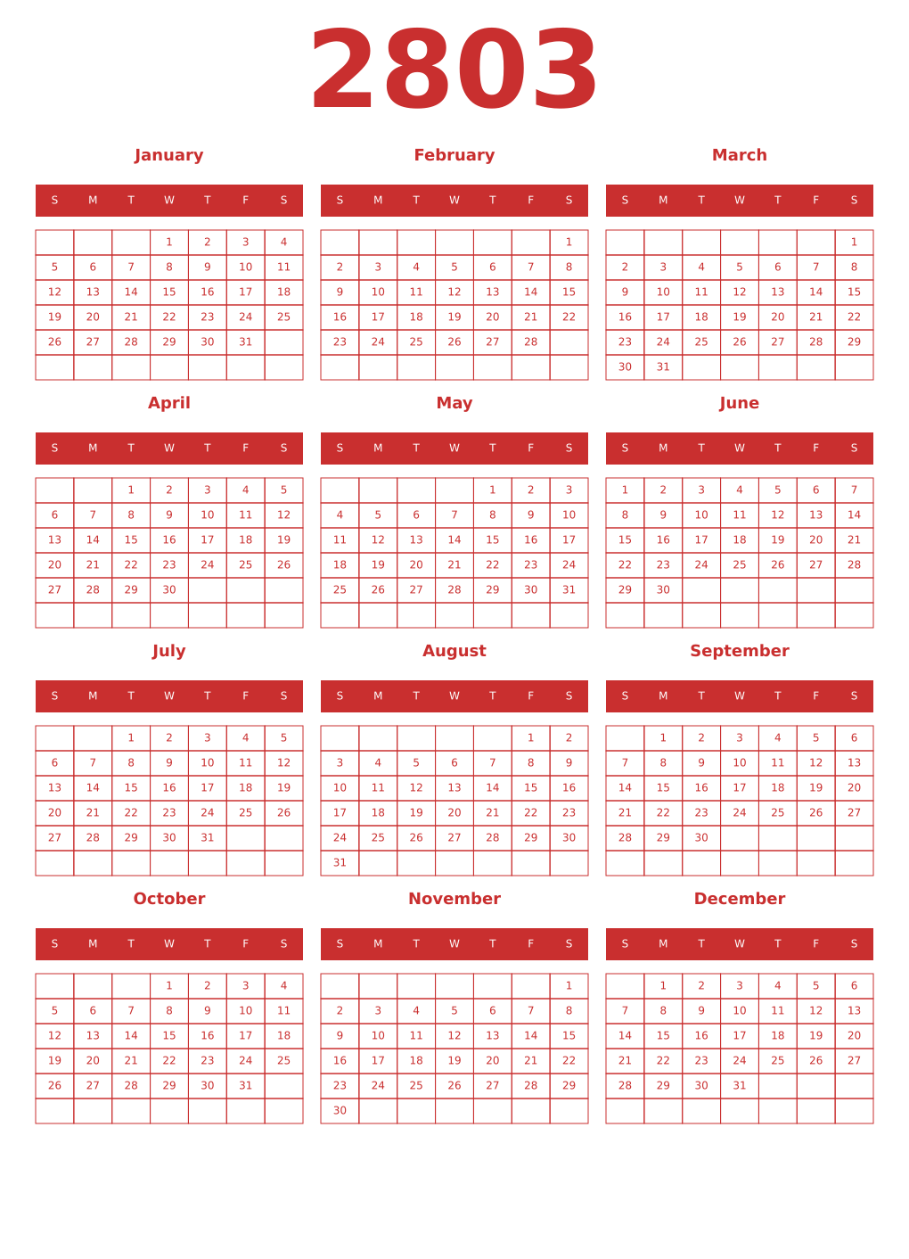 Printable 2803 Year Calendars red