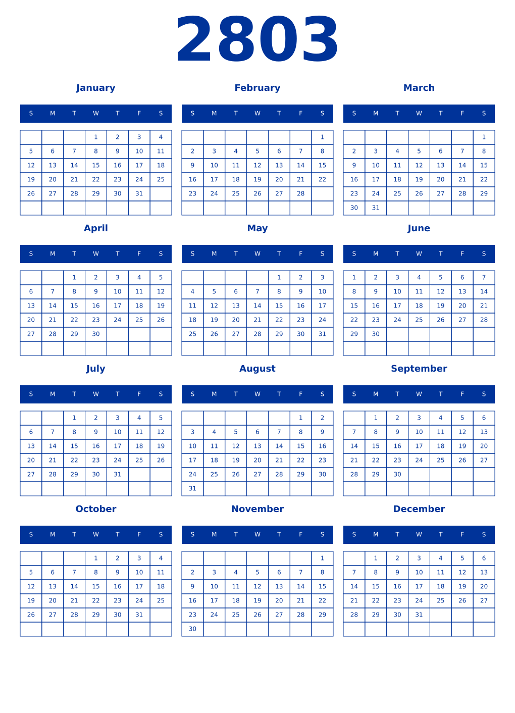 Printable 2803 Year Calendars smalt