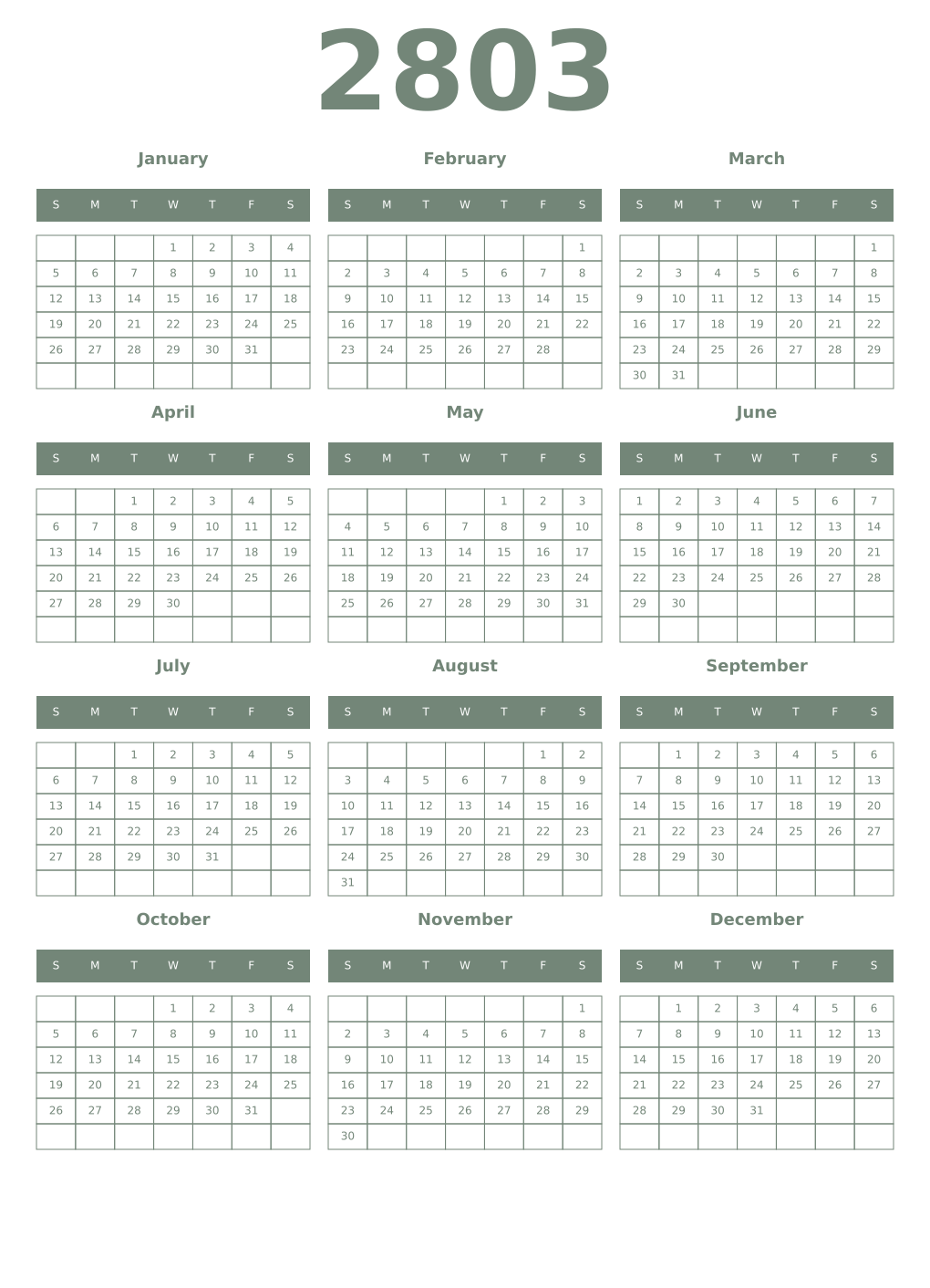 Printable 2803 Year Calendars xanadu