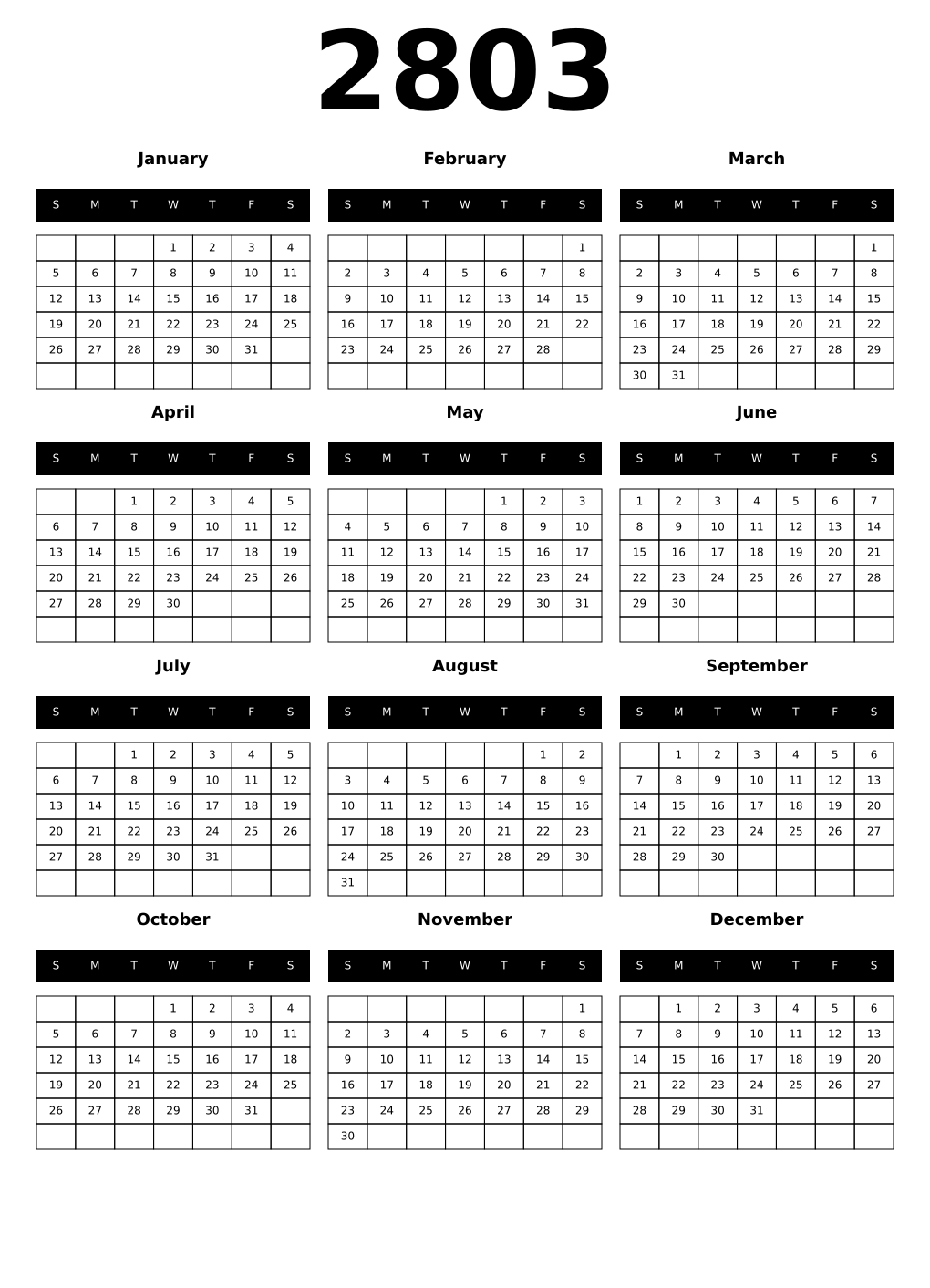 Printable 2803 Calendars