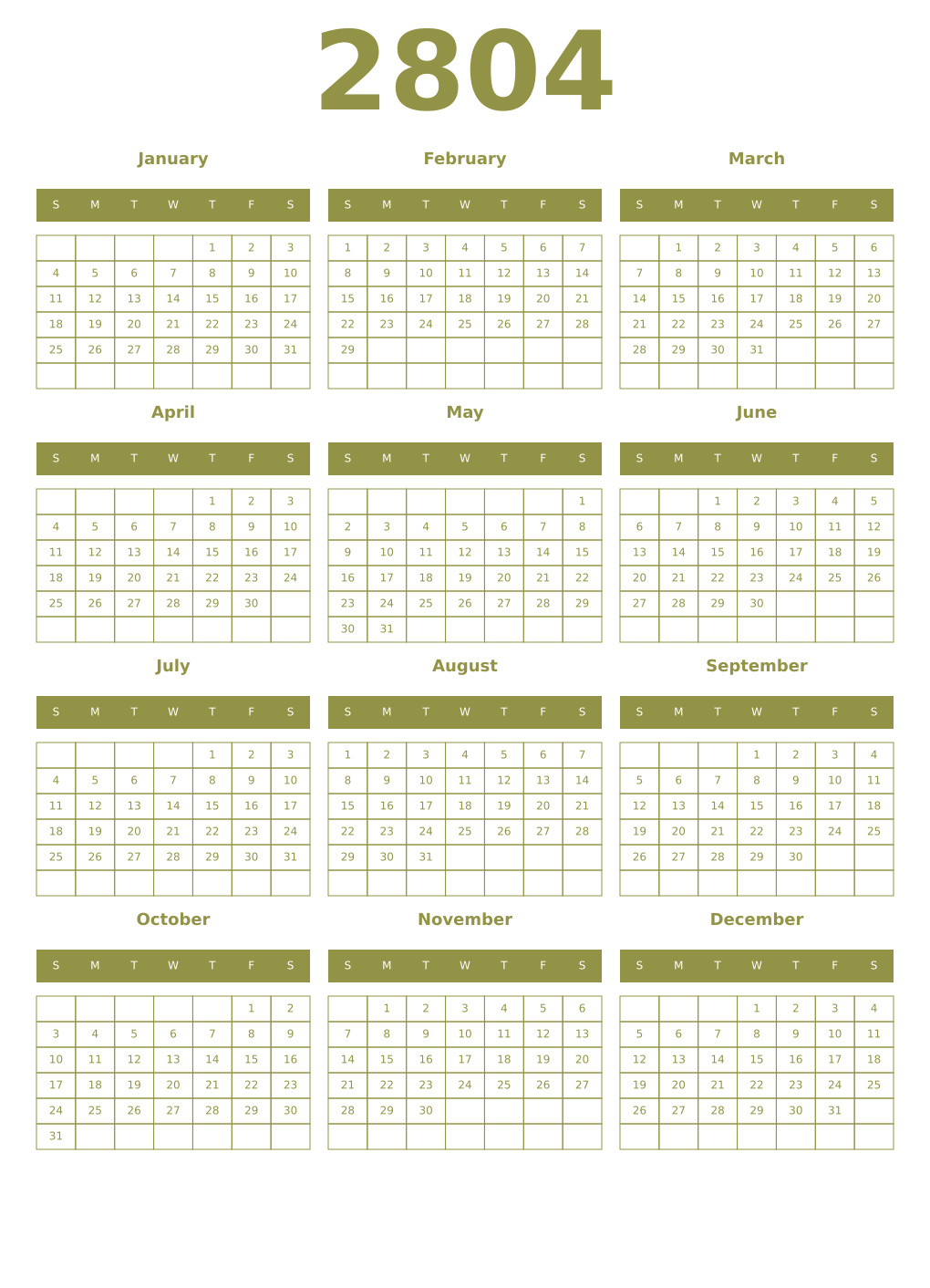 Printable 2804 Year Calendars eburnean