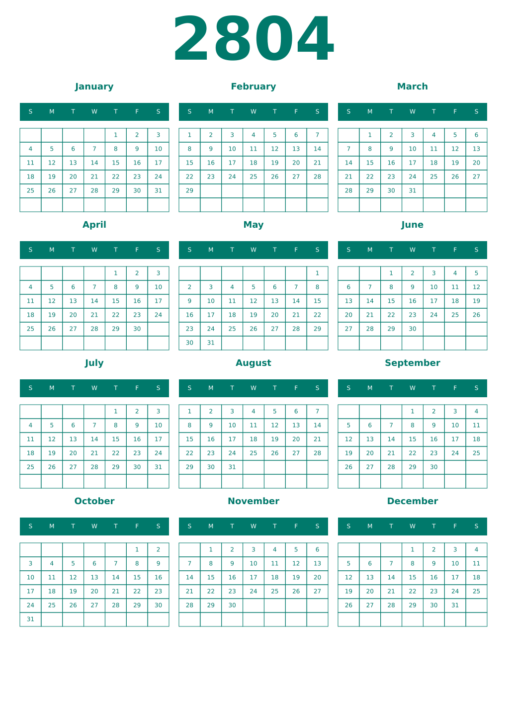 Printable 2804 Year Calendars pastel
