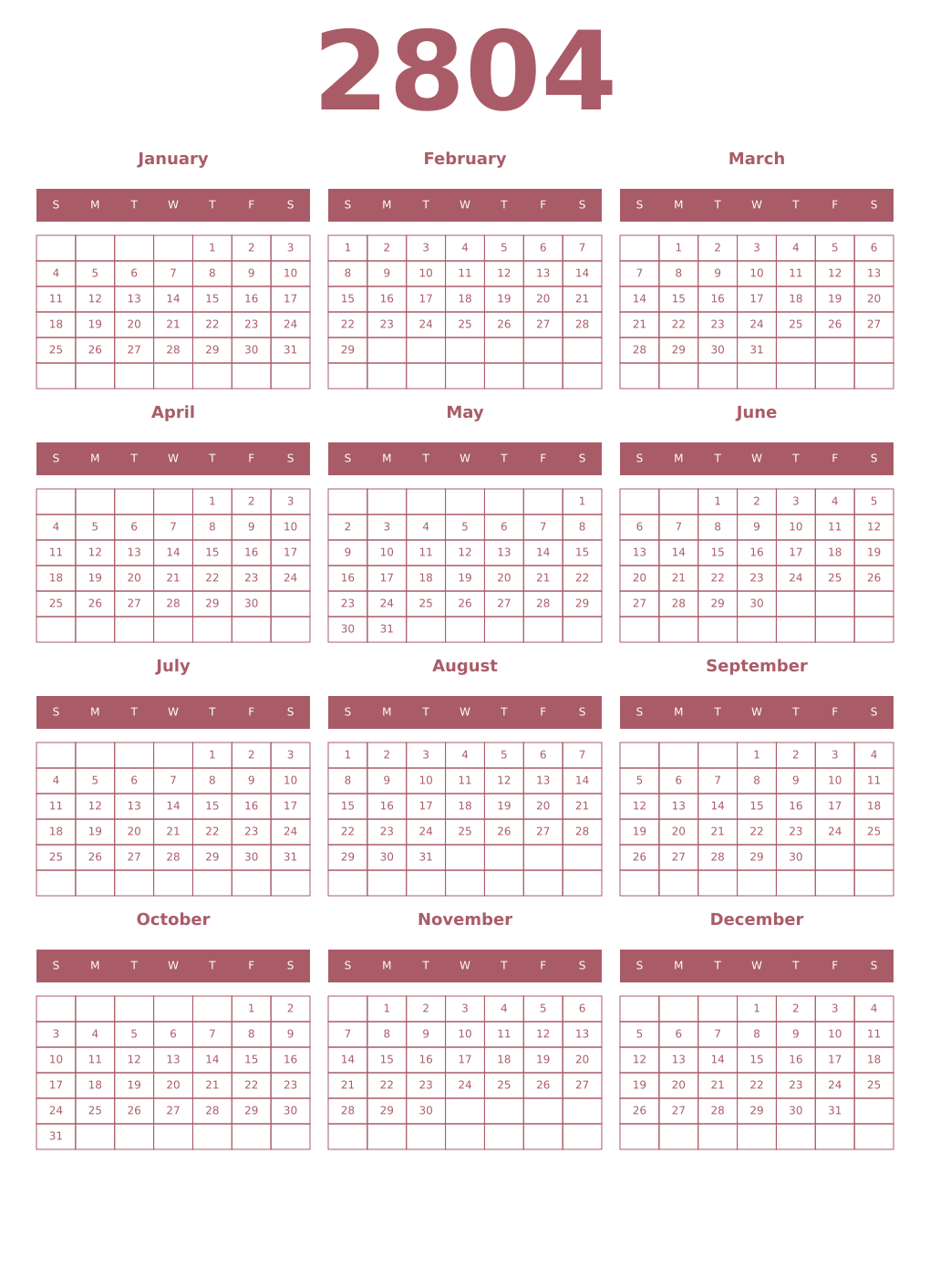 Printable 2804 Year Calendars puce