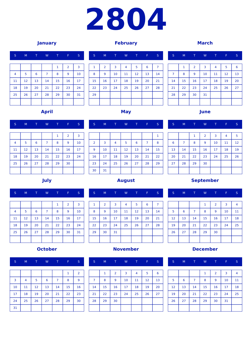 Printable 2804 Year Calendars zaffre