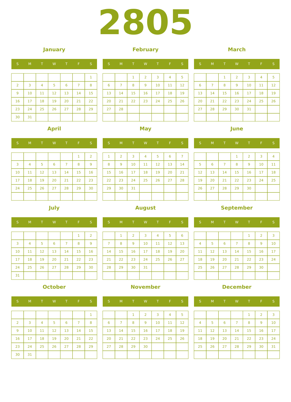 Printable 2805 Year Calendars chartreuse
