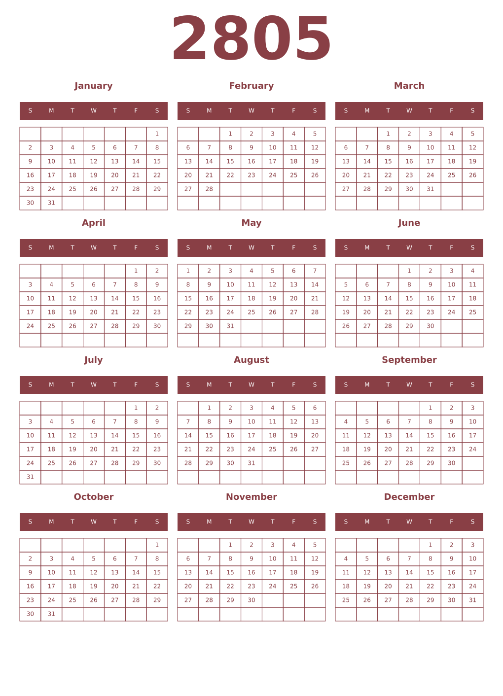 Printable 2805 Year Calendars cordovan