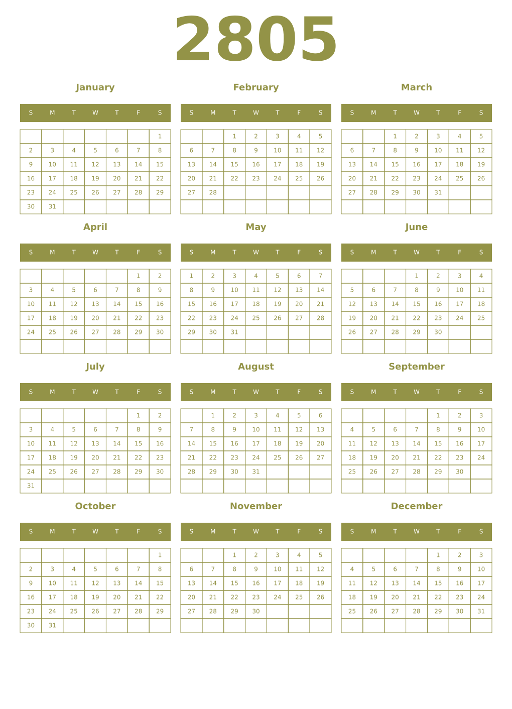 Printable 2805 Year Calendars eburnean