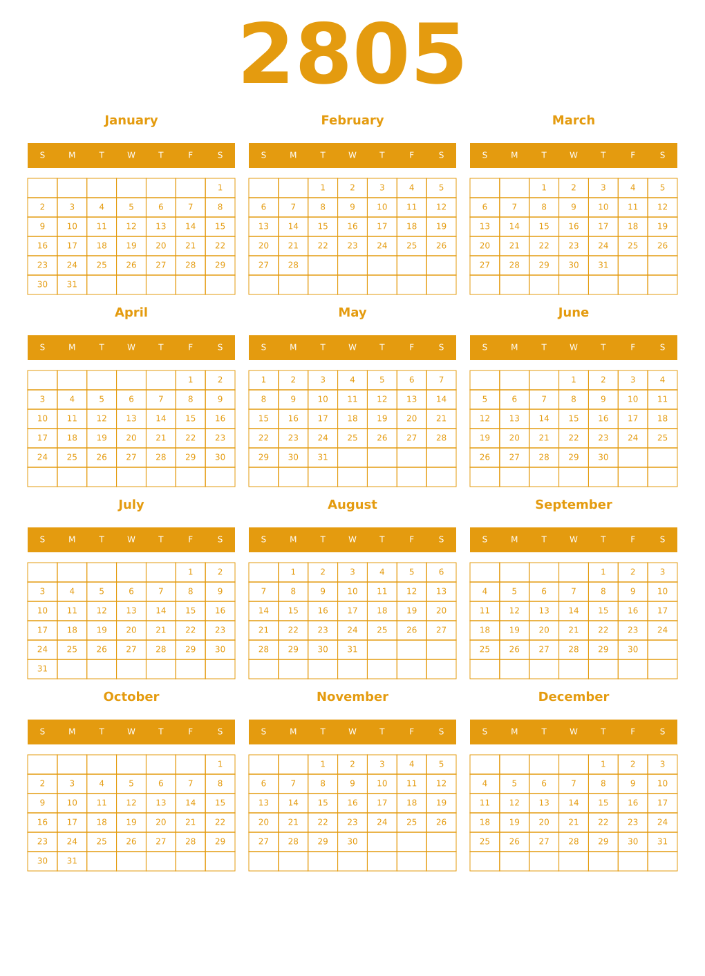 Printable 2805 Year Calendars gamboge