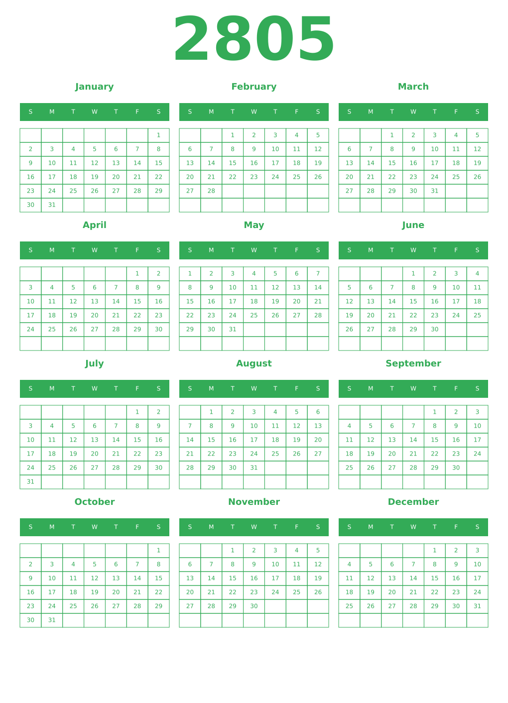 Printable 2805 Year Calendars green