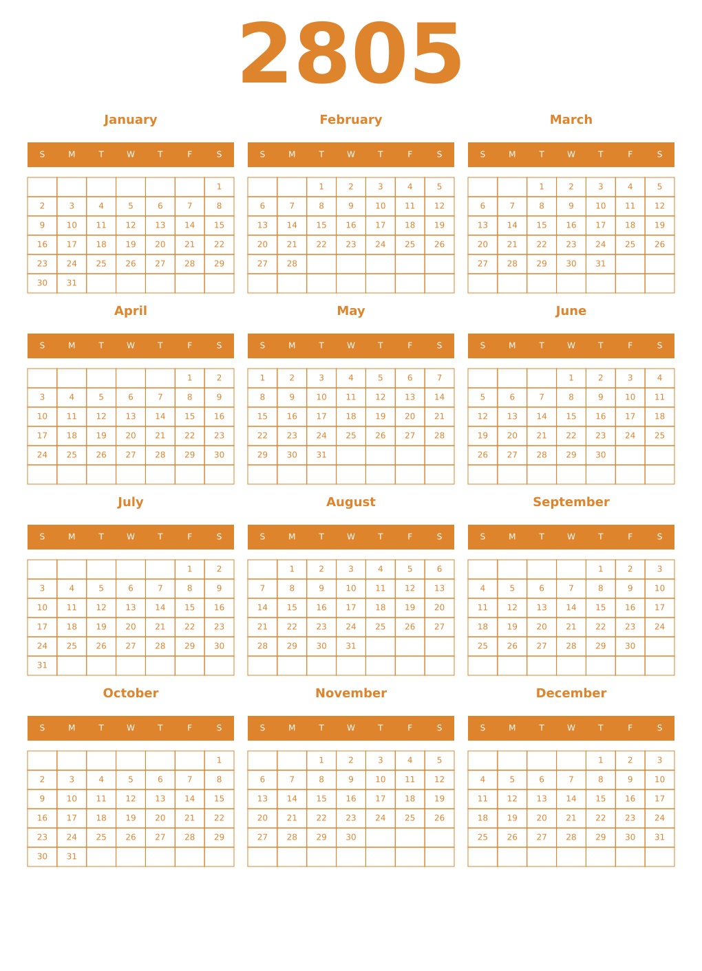Printable 2805 Year Calendars orange