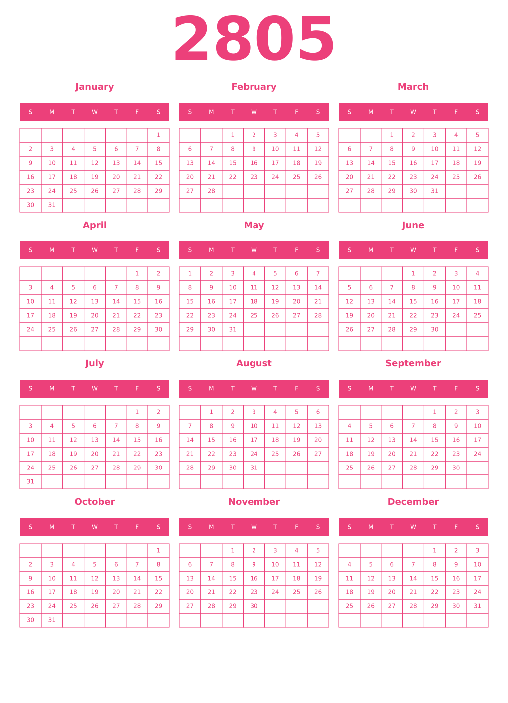 Printable 2805 Year Calendars pink