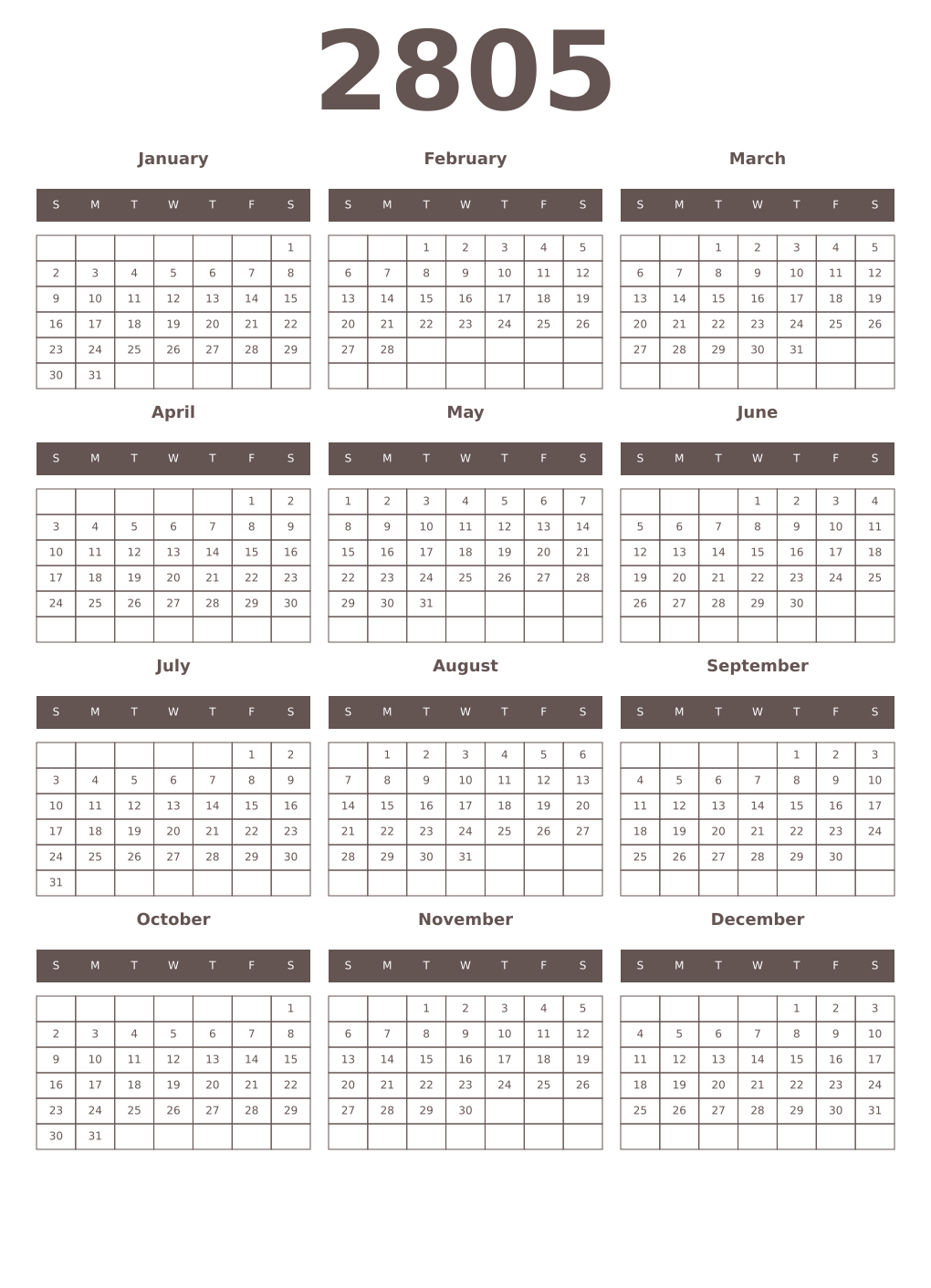 Printable 2805 Year Calendars wenge