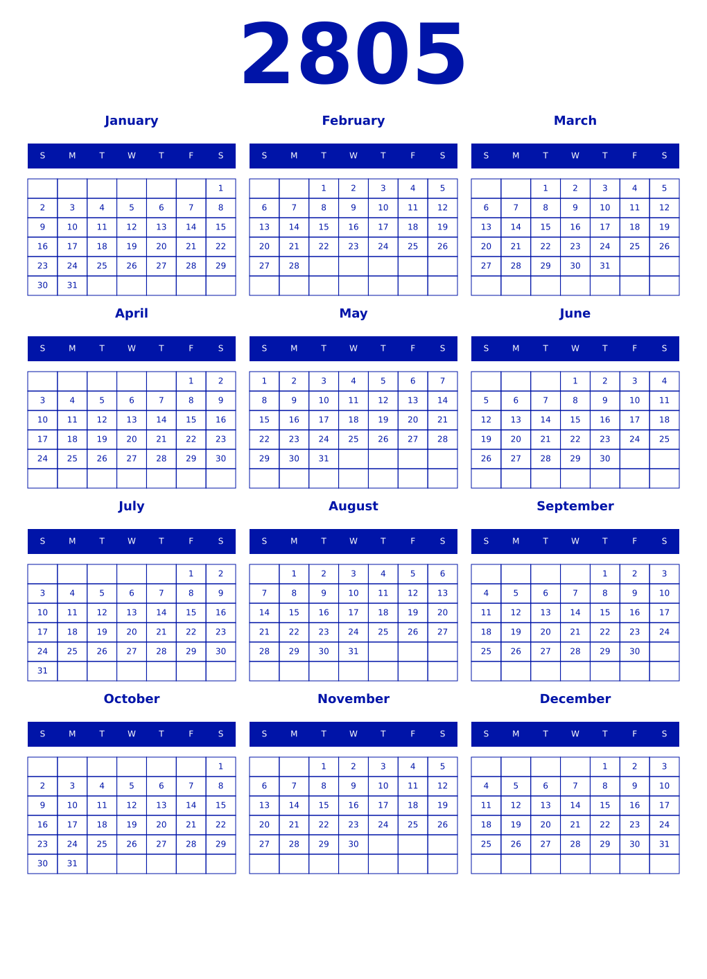 Printable 2805 Year Calendars zaffre