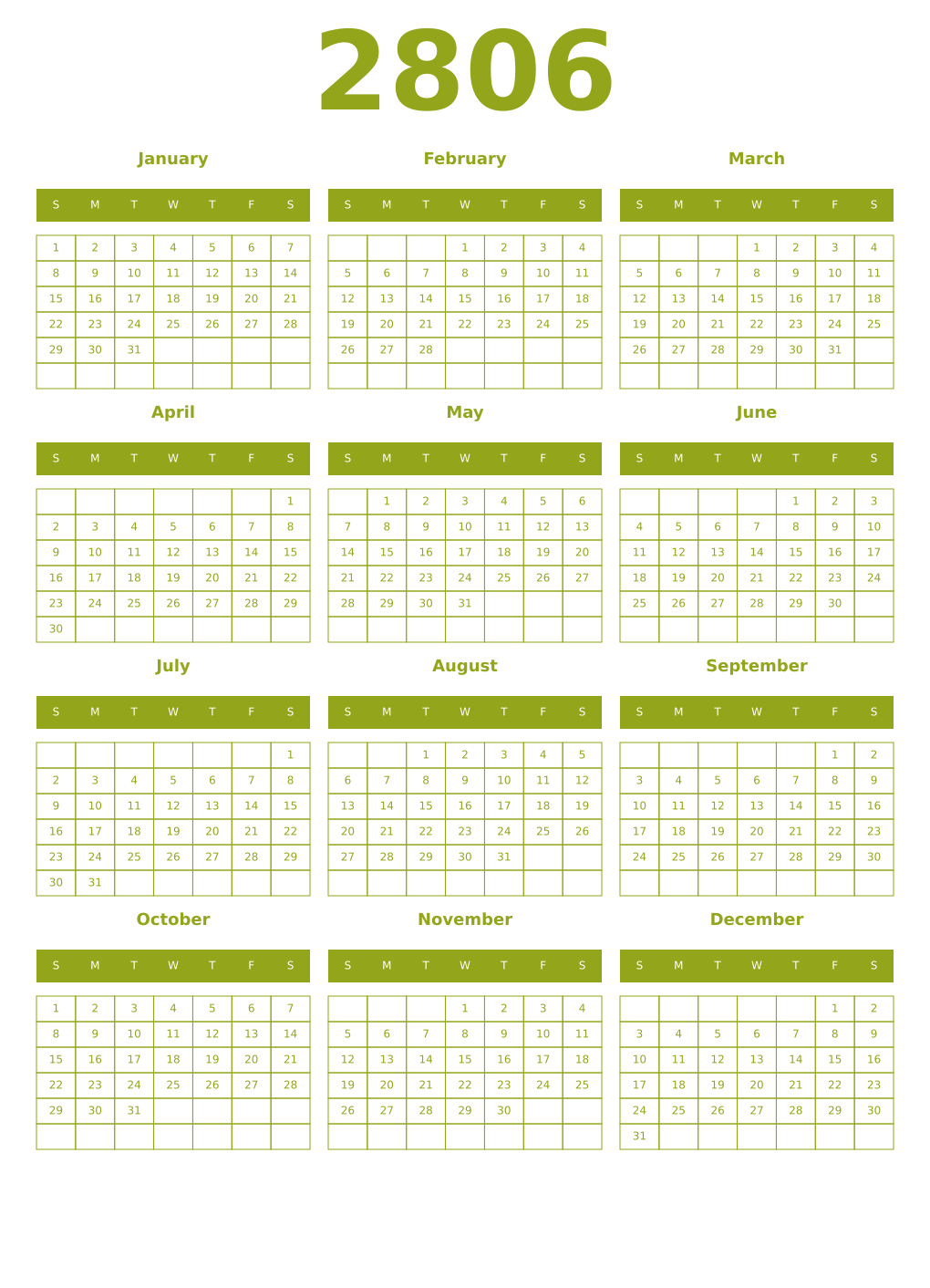 Printable 2806 Year Calendars chartreuse