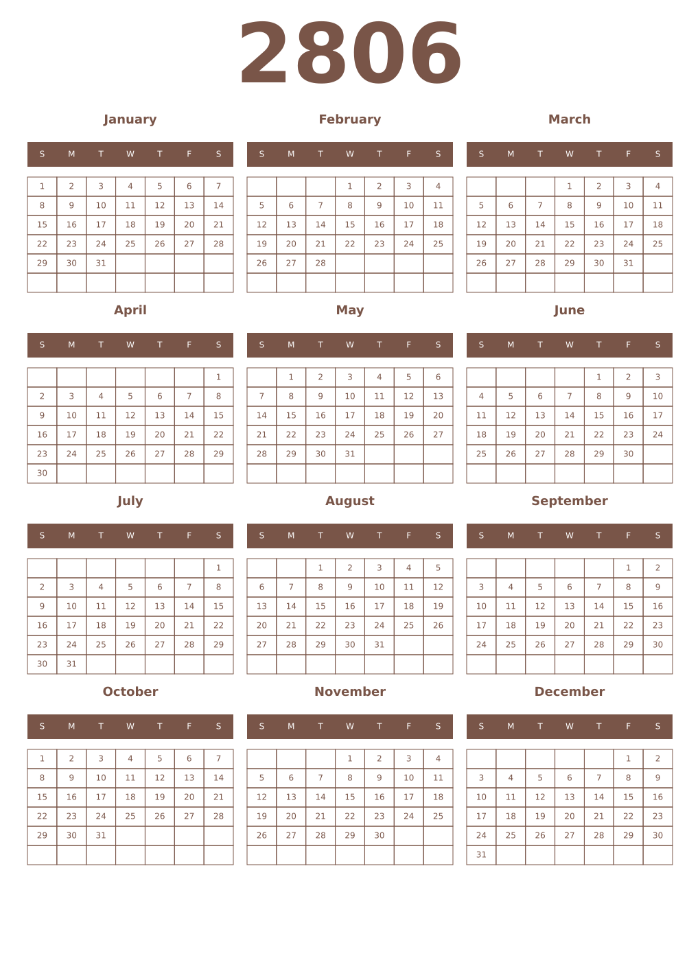Printable 2806 Year Calendars coffe