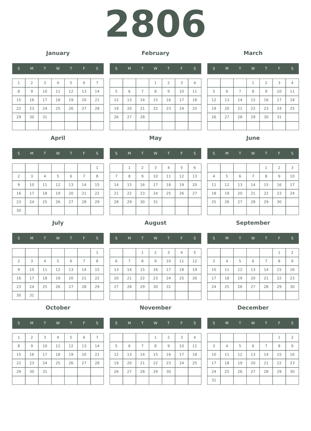 Printable 2806 Year Calendars feldgrau