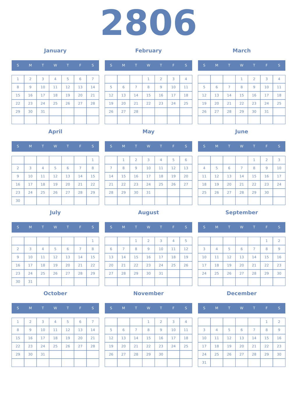 Printable 2806 Year Calendars glaucous