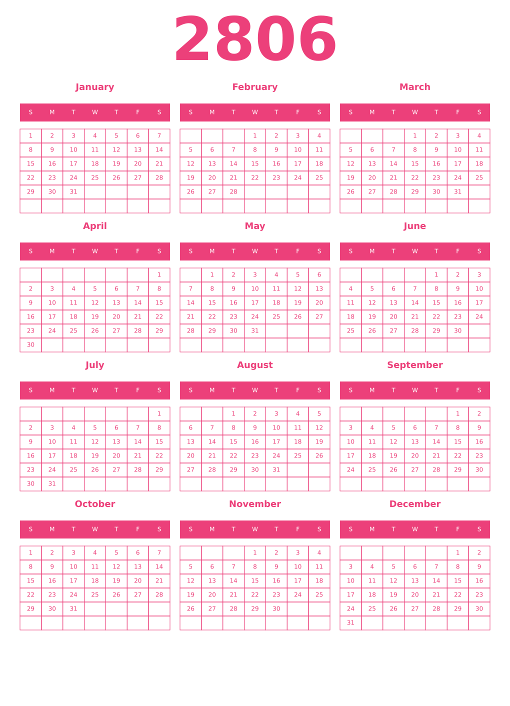 Printable 2806 Year Calendars pink