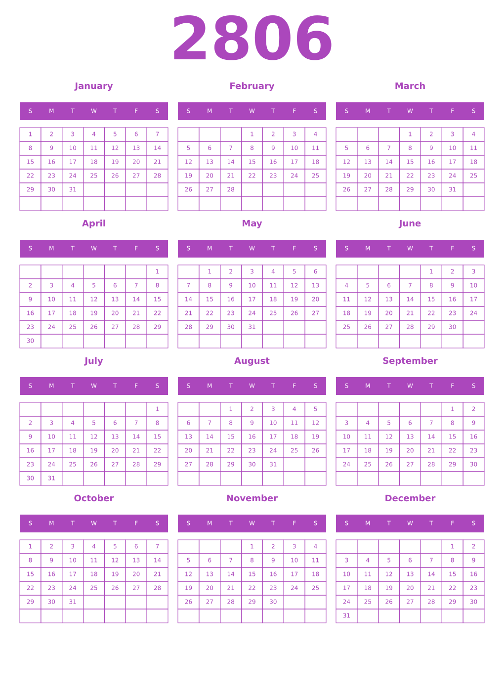 Printable 2806 Year Calendars purple