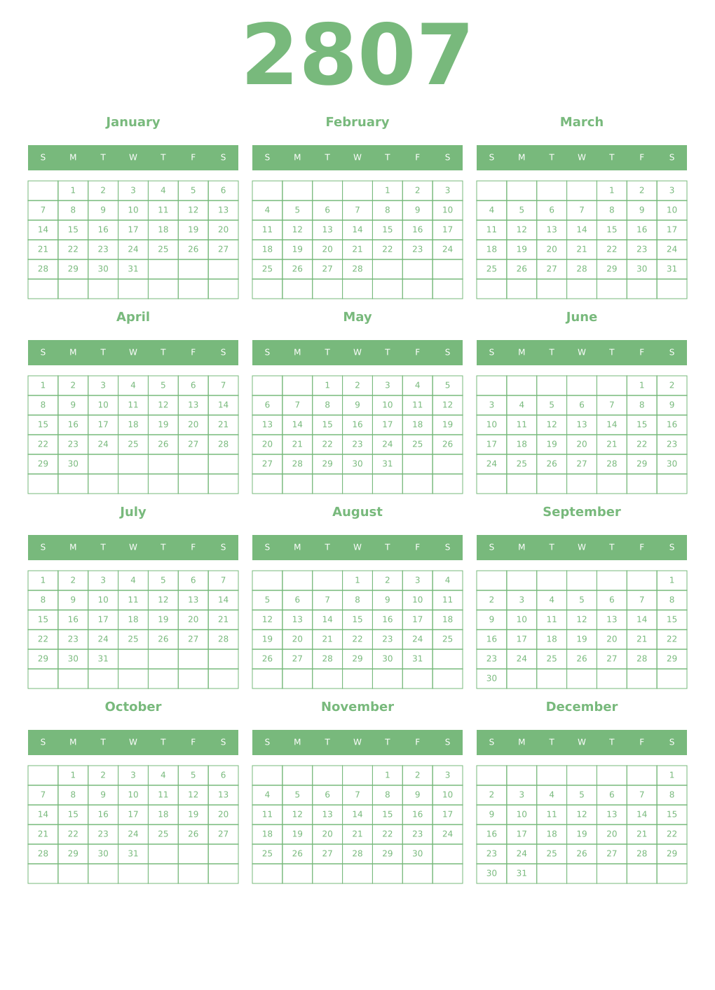 Printable 2807 Year Calendars celadon