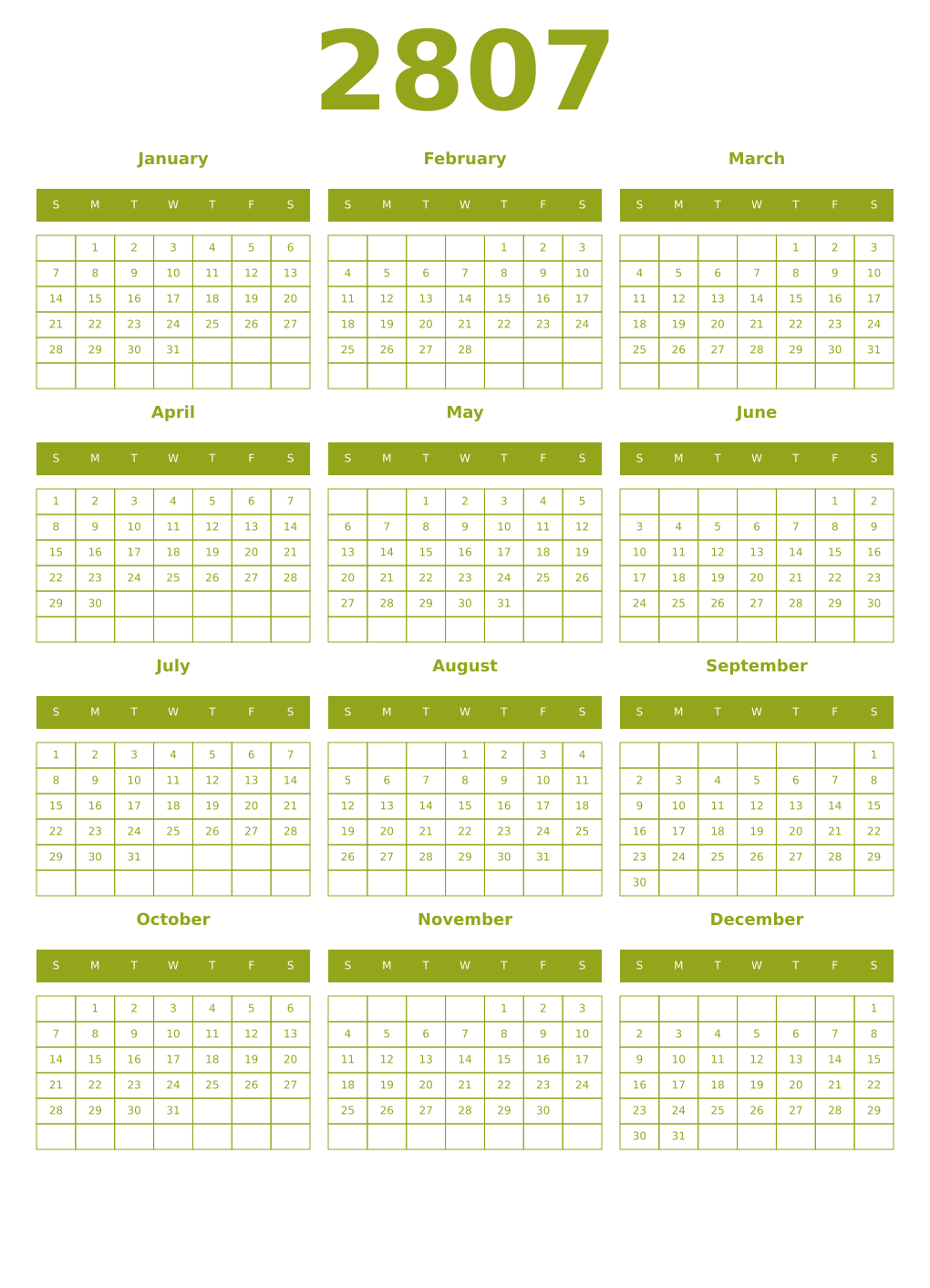 Printable 2807 Year Calendars chartreuse