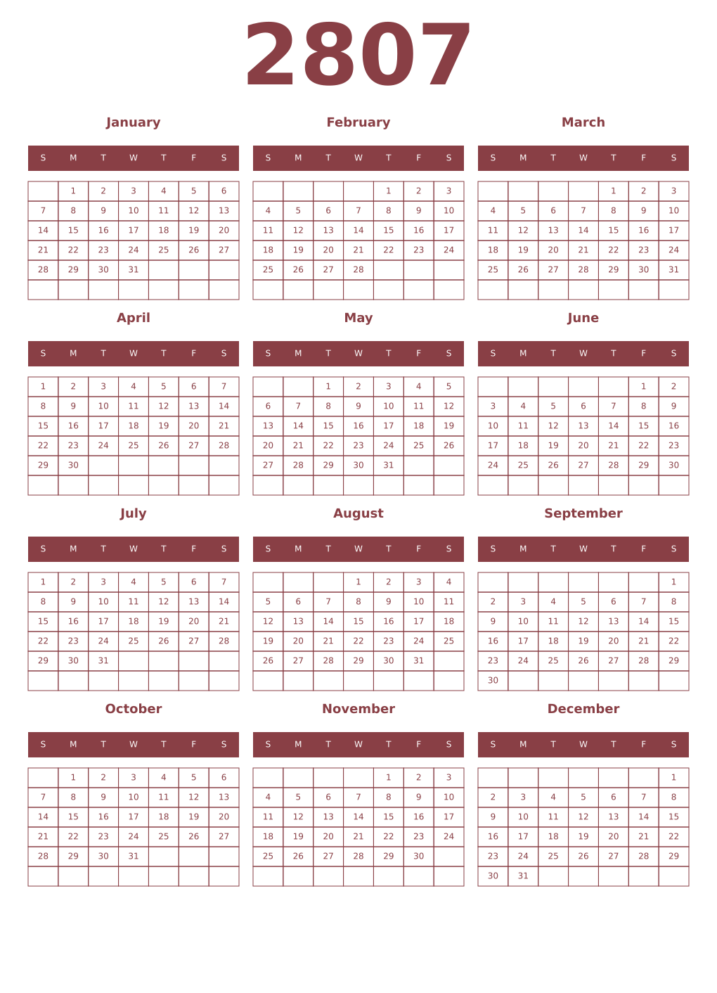 Printable 2807 Year Calendars cordovan