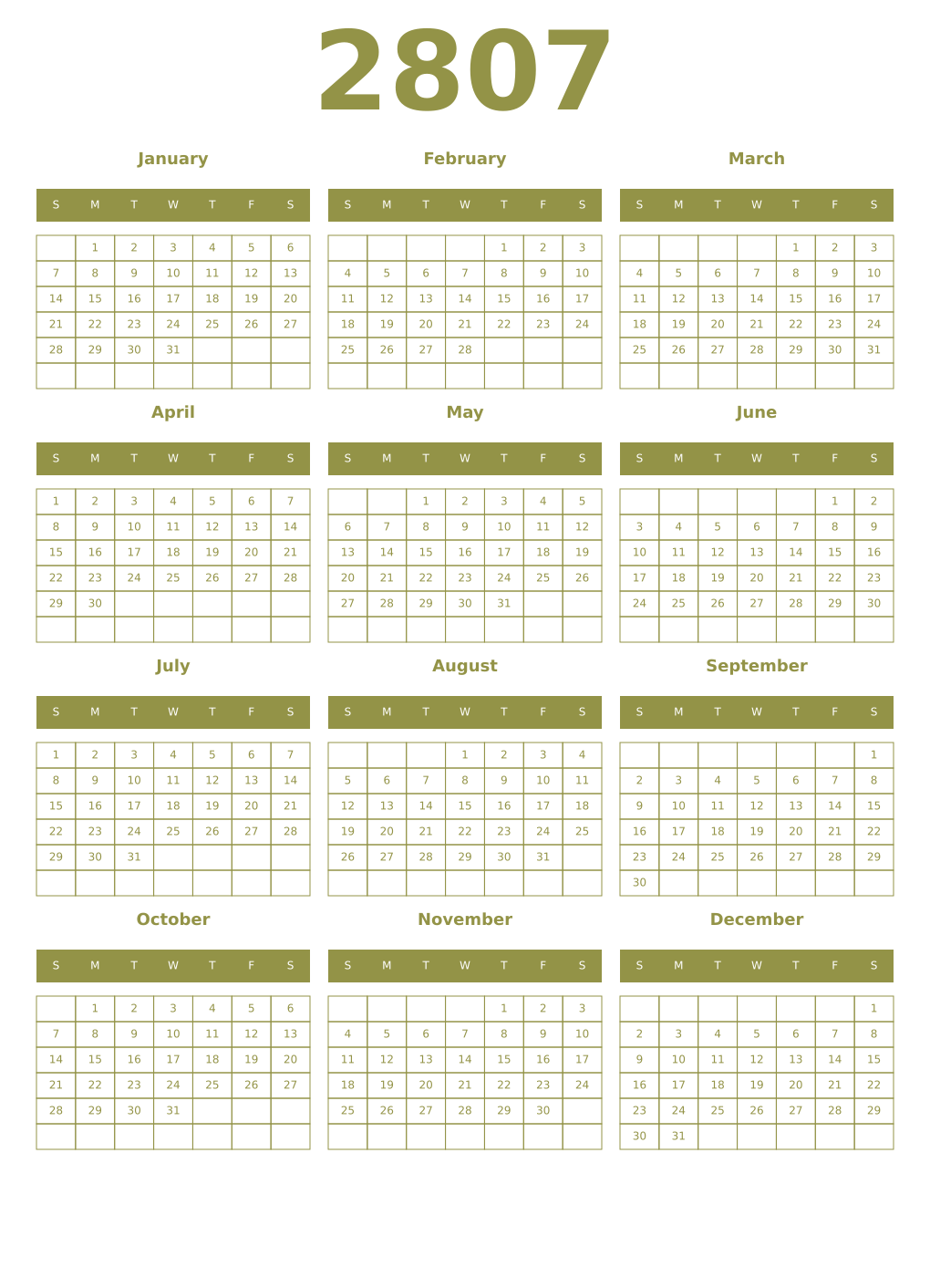 Printable 2807 Year Calendars eburnean