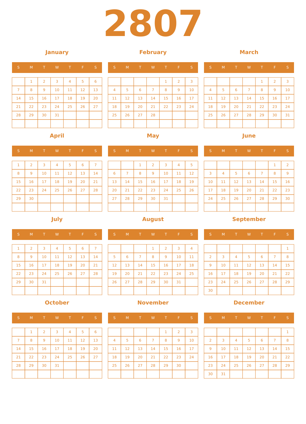 Printable 2807 Year Calendars orange