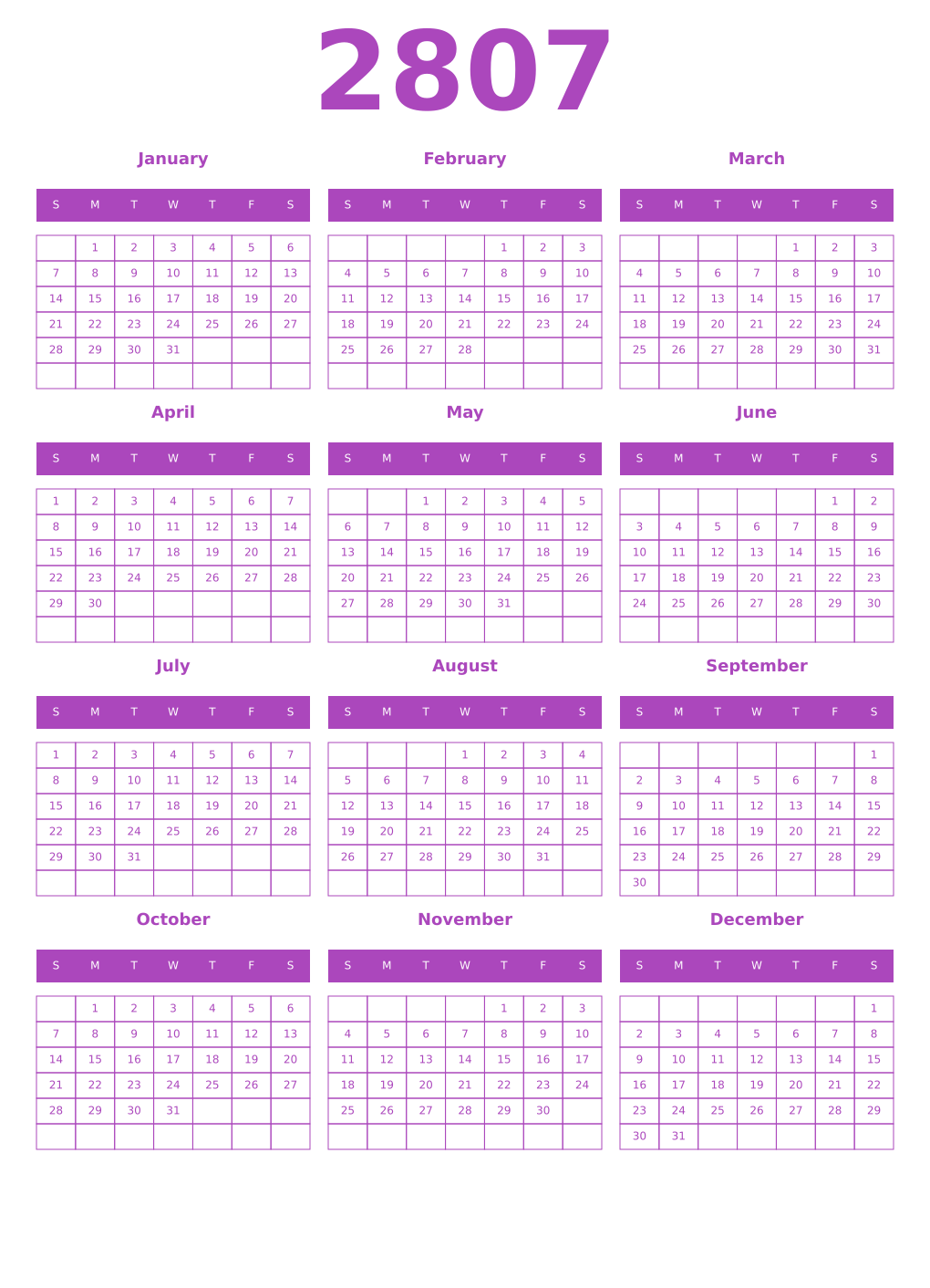 Printable 2807 Year Calendars purple