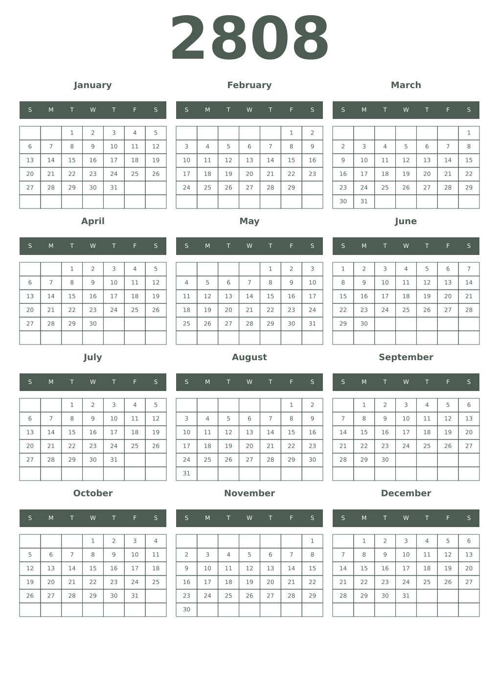 Printable 2808 Year Calendars feldgrau
