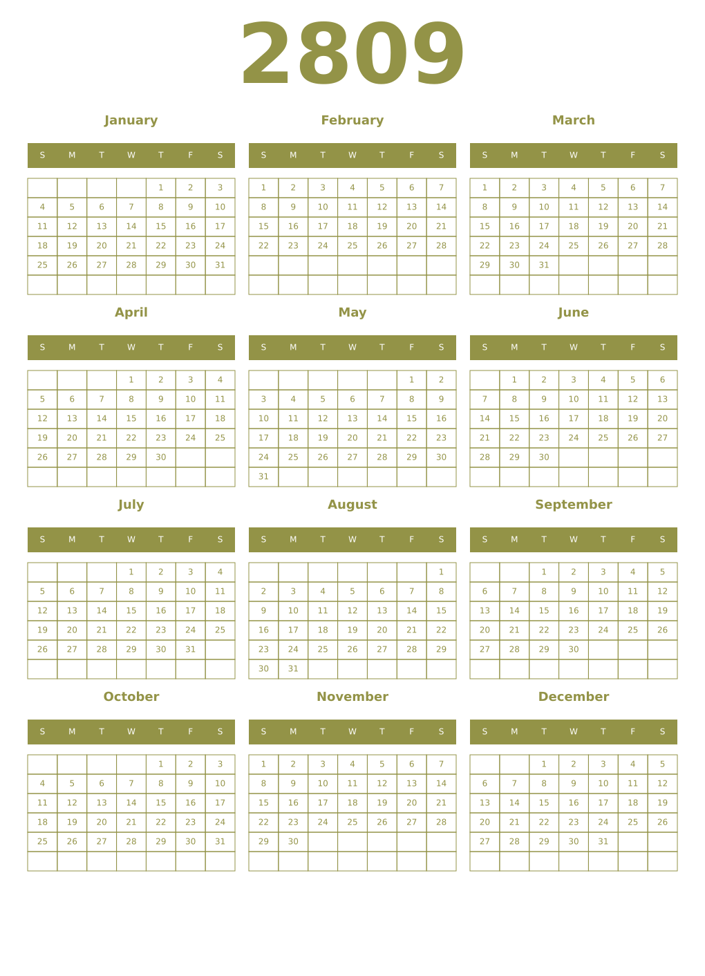 Printable 2809 Year Calendars eburnean