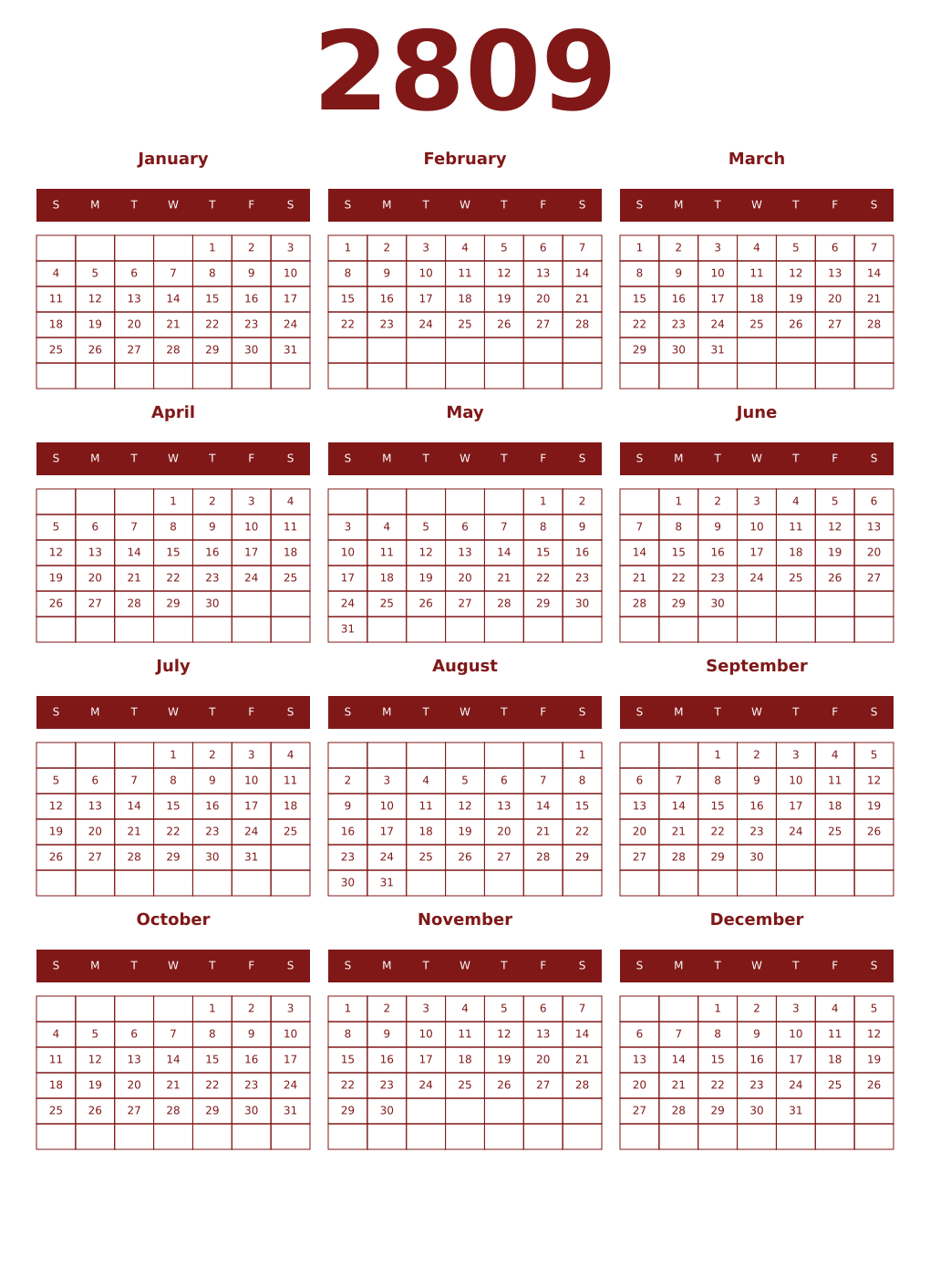 Printable 2809 Year Calendars falu
