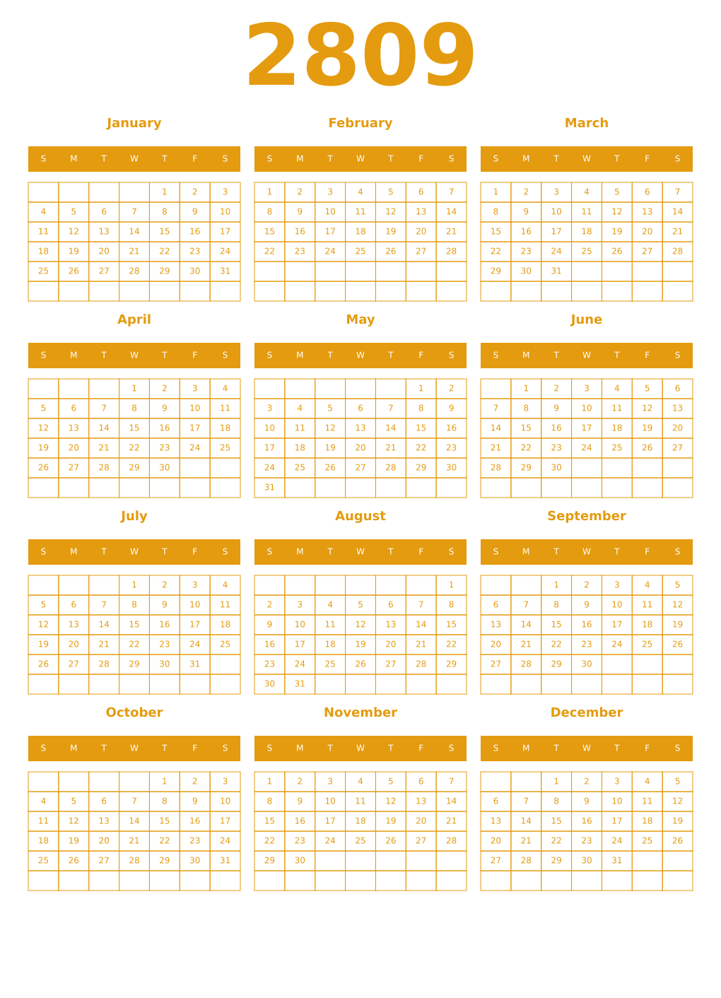 Printable 2809 Year Calendars gamboge