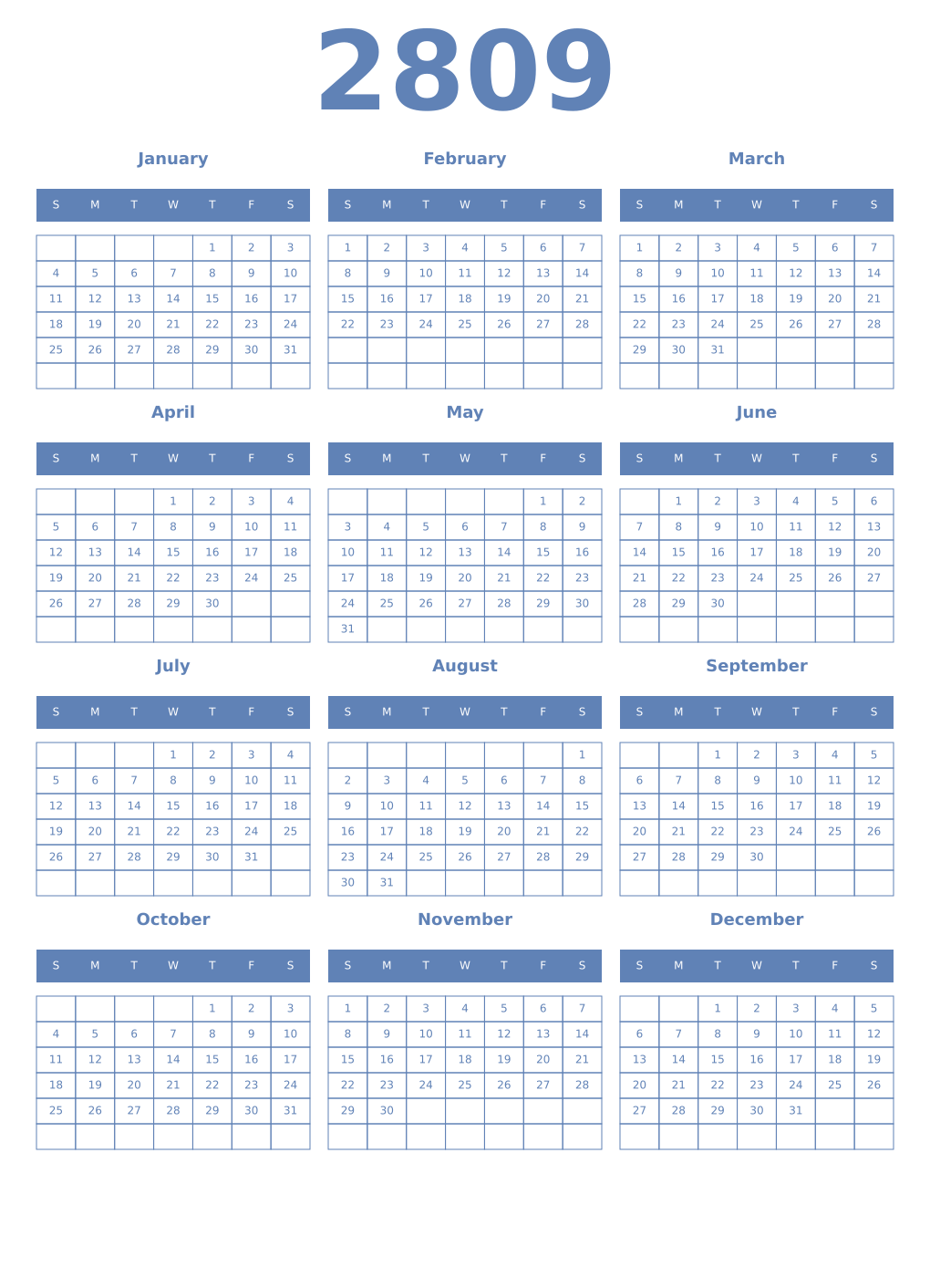 Printable 2809 Year Calendars glaucous