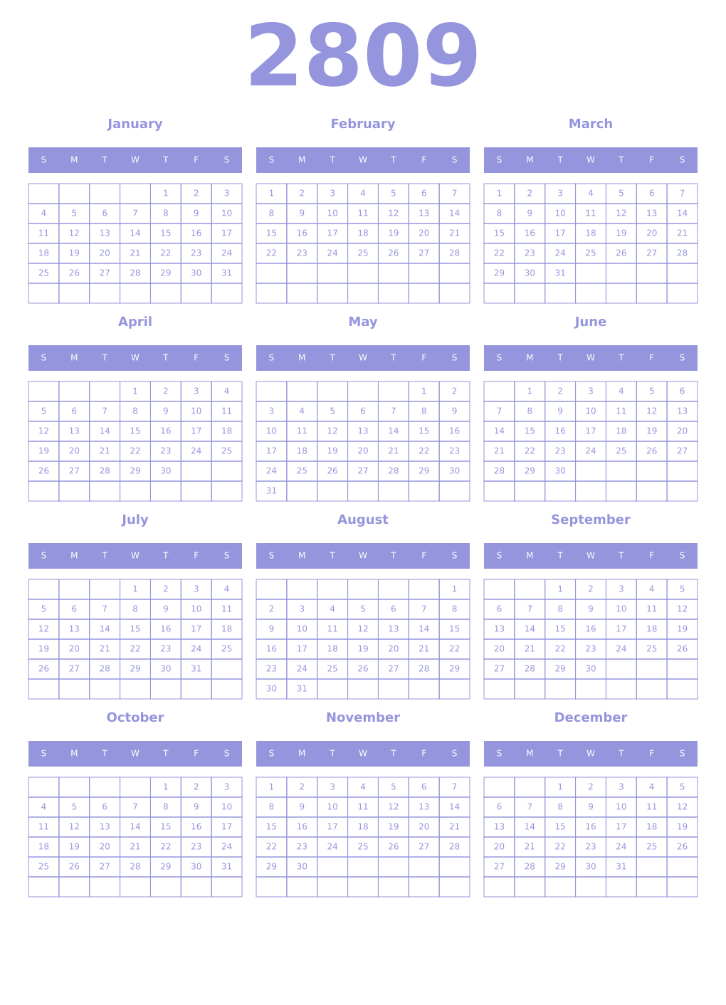 Printable 2809 Year Calendars periwinkle