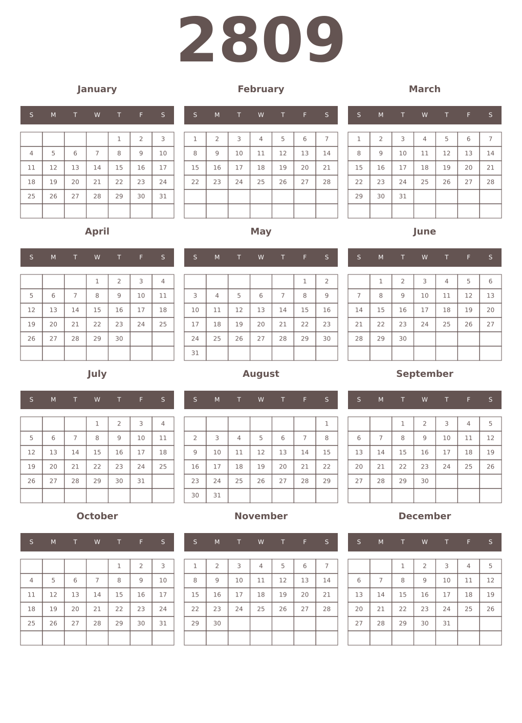 Printable 2809 Year Calendars wenge
