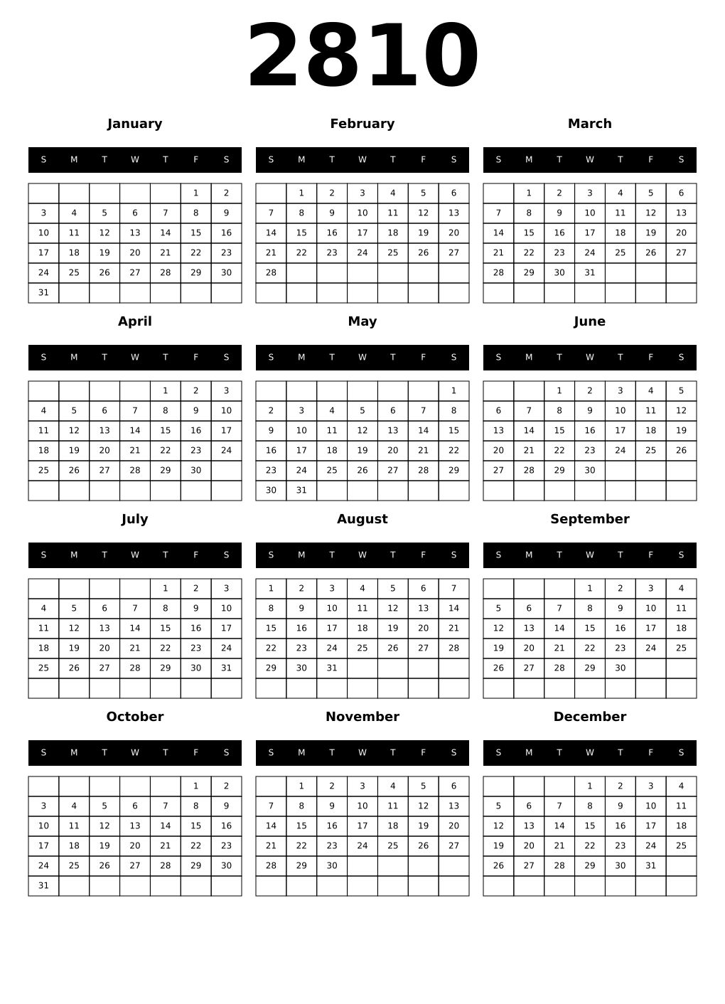 Printable 2810 Year Calendars black