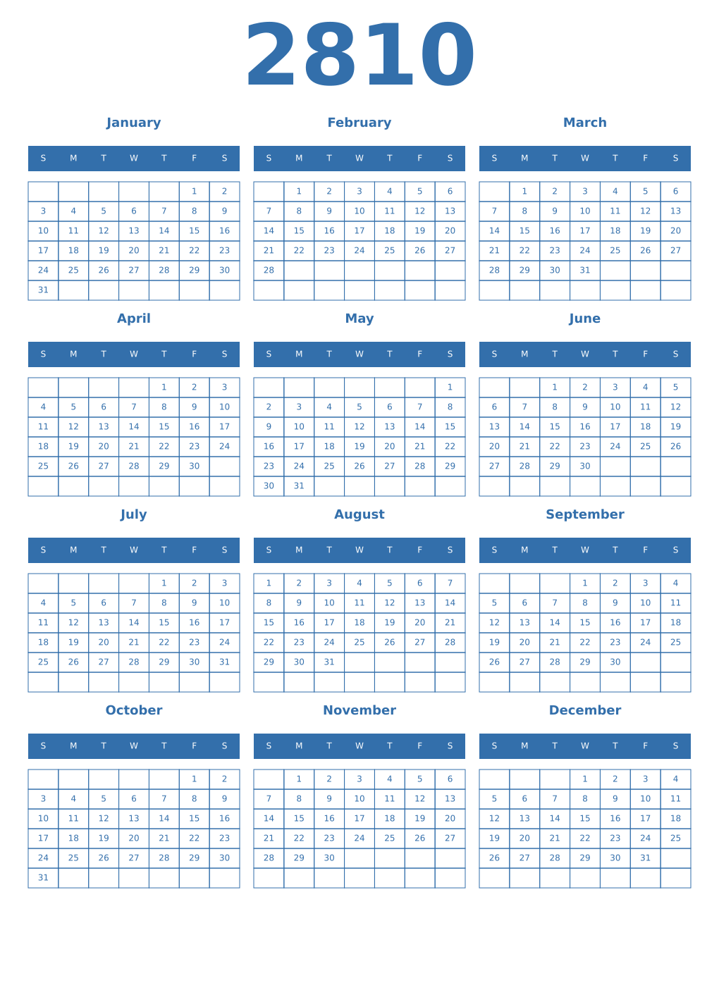 Printable 2810 Year Calendars blue