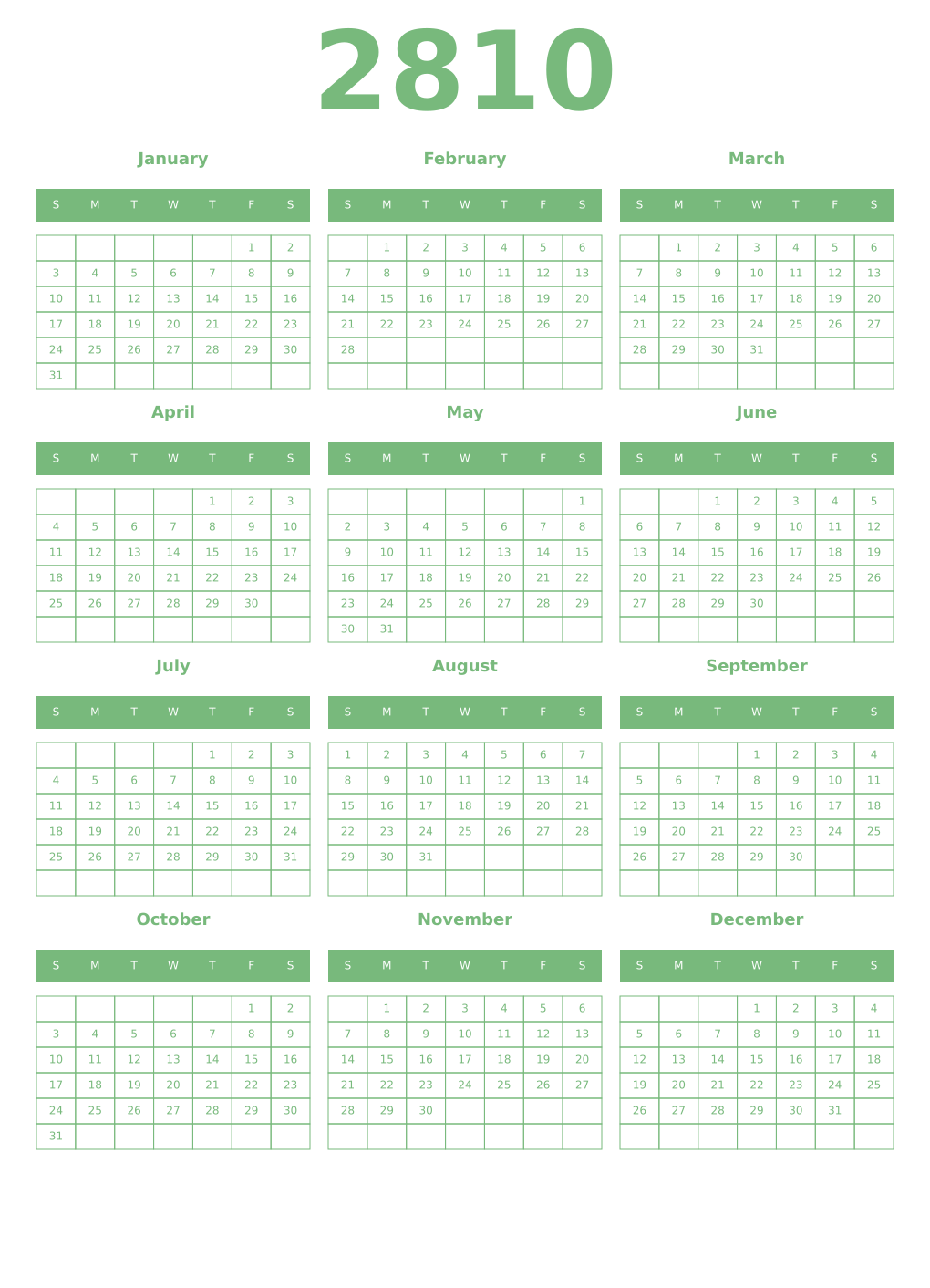 Printable 2810 Year Calendars celadon