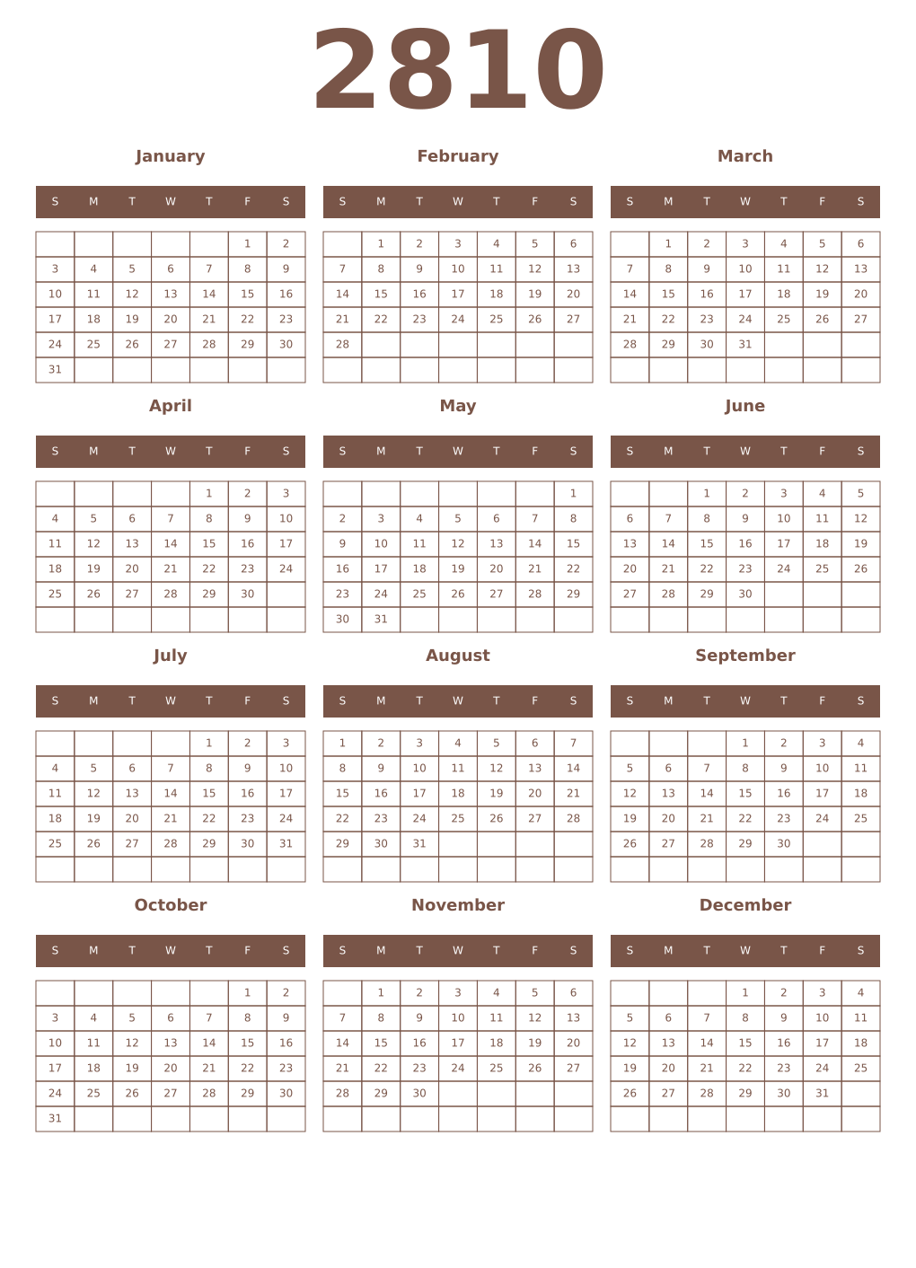Printable 2810 Year Calendars coffe