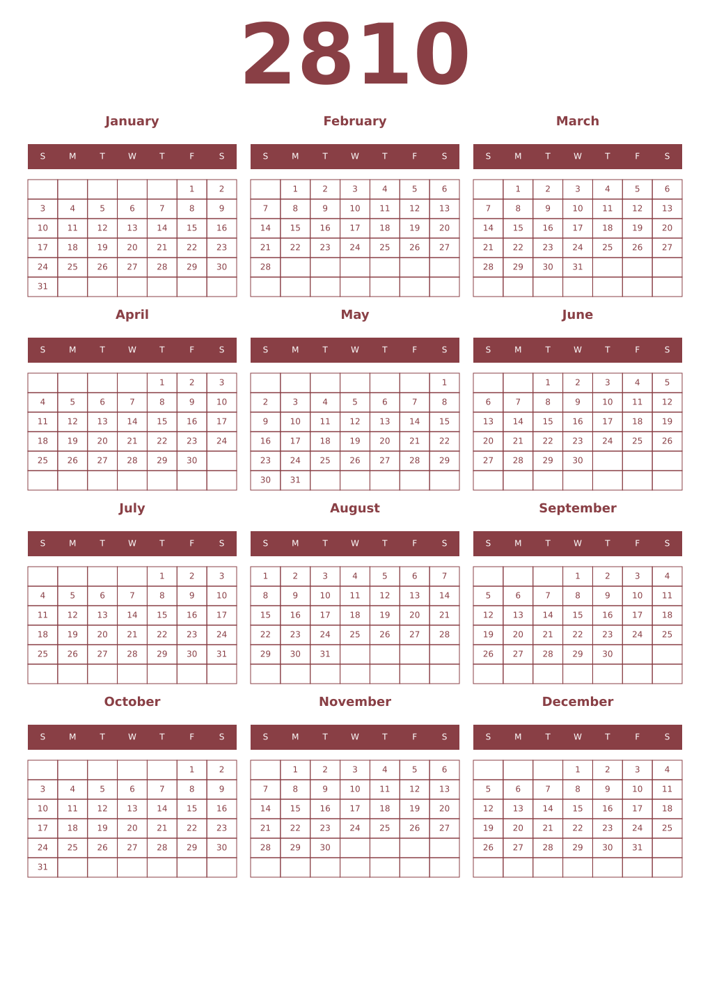 Printable 2810 Year Calendars cordovan