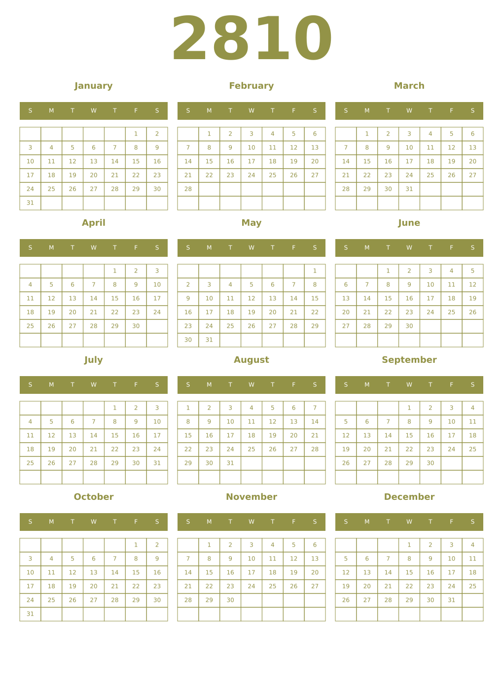 Printable 2810 Year Calendars eburnean