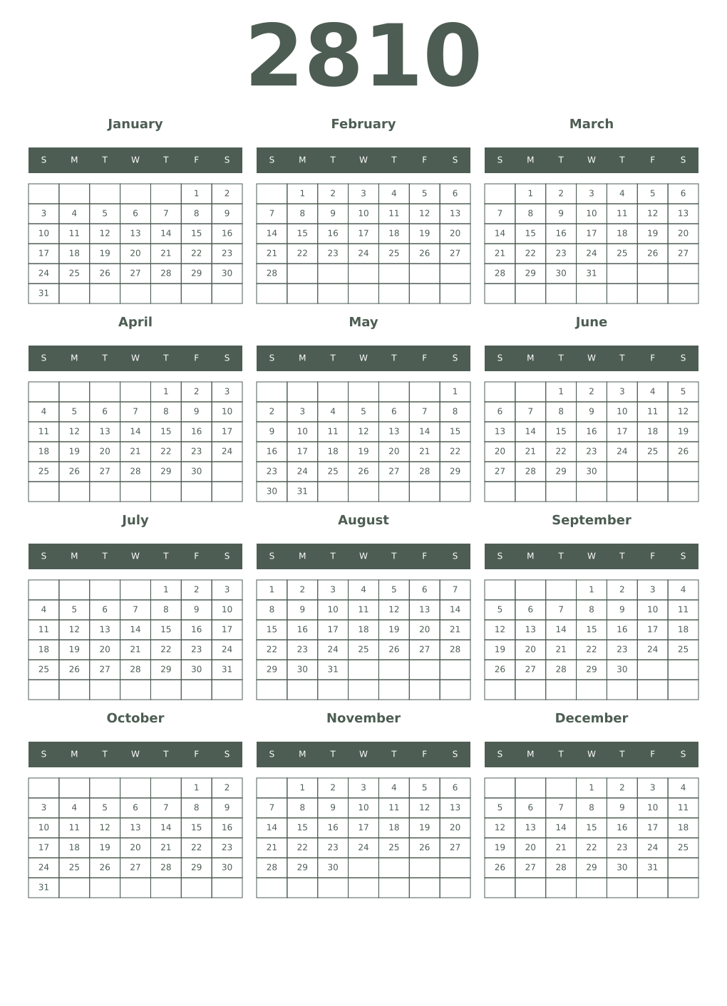 Printable 2810 Year Calendars feldgrau