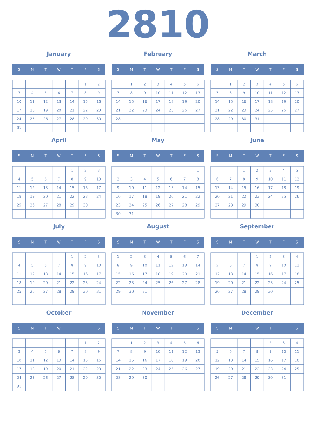 Printable 2810 Year Calendars glaucous
