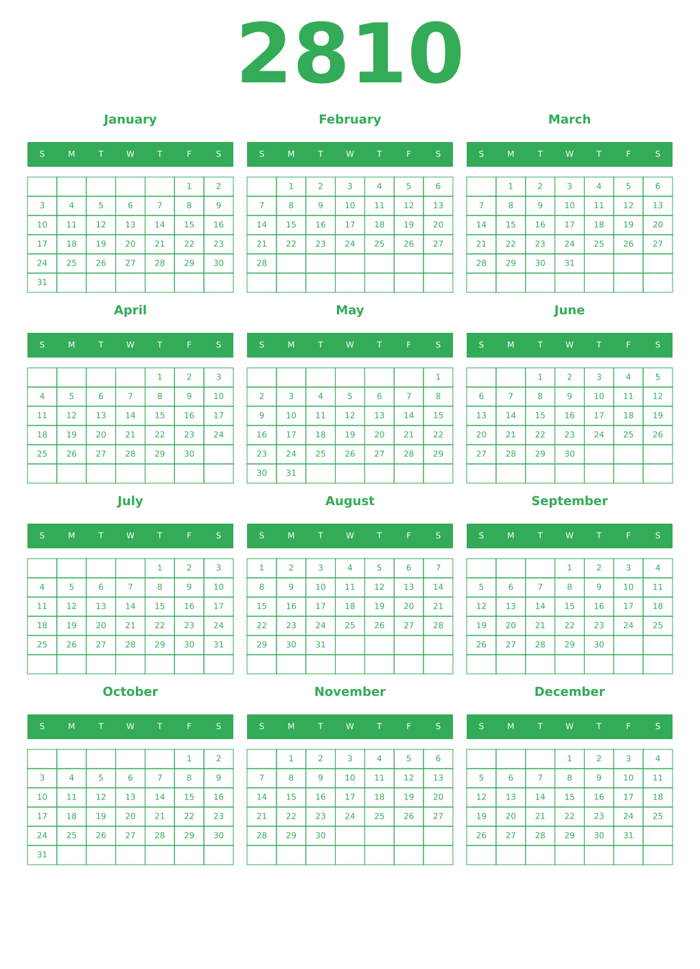Printable 2810 Year Calendars green